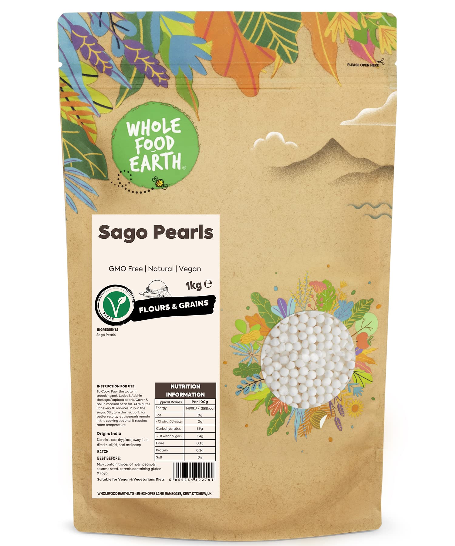 Wholefood Earth Sago Pearls 1 kg | GMO Free | Natural | Recyclable Packaging 1