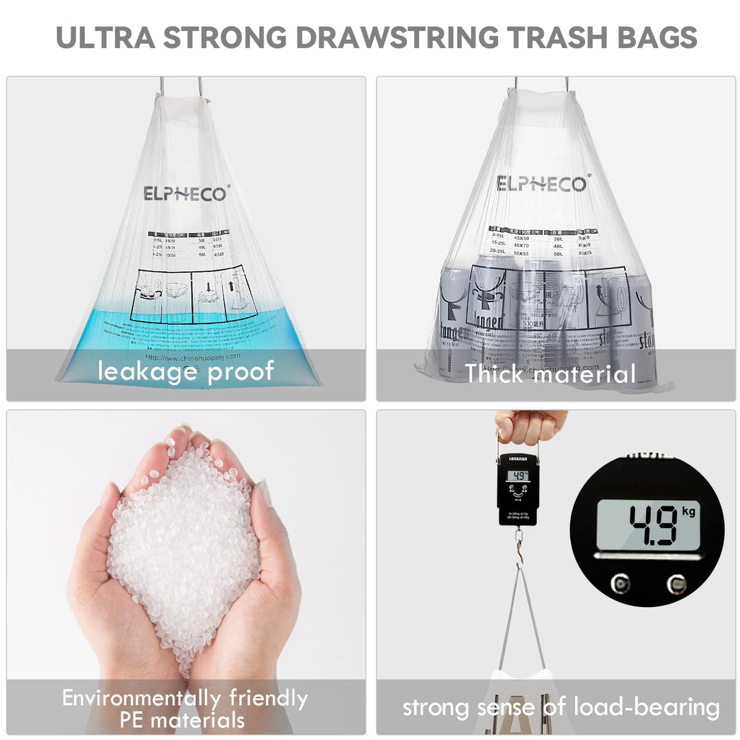 ELPHECO 180-Pack 15L Drawstring Bin Bags - Tear Resistant Trash Liners for Home, Bathroom, Kitchen & Office