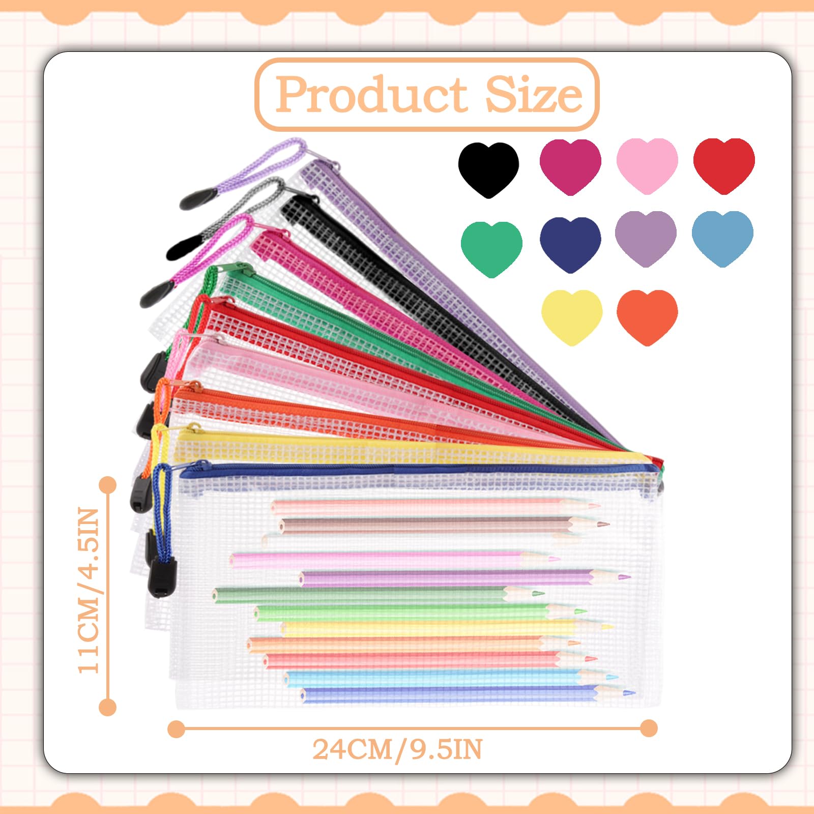 ASelected 30 PCS A6 Clear Zipper Mesh Pencil Cases | Waterproof PVC | 10 Colors 2