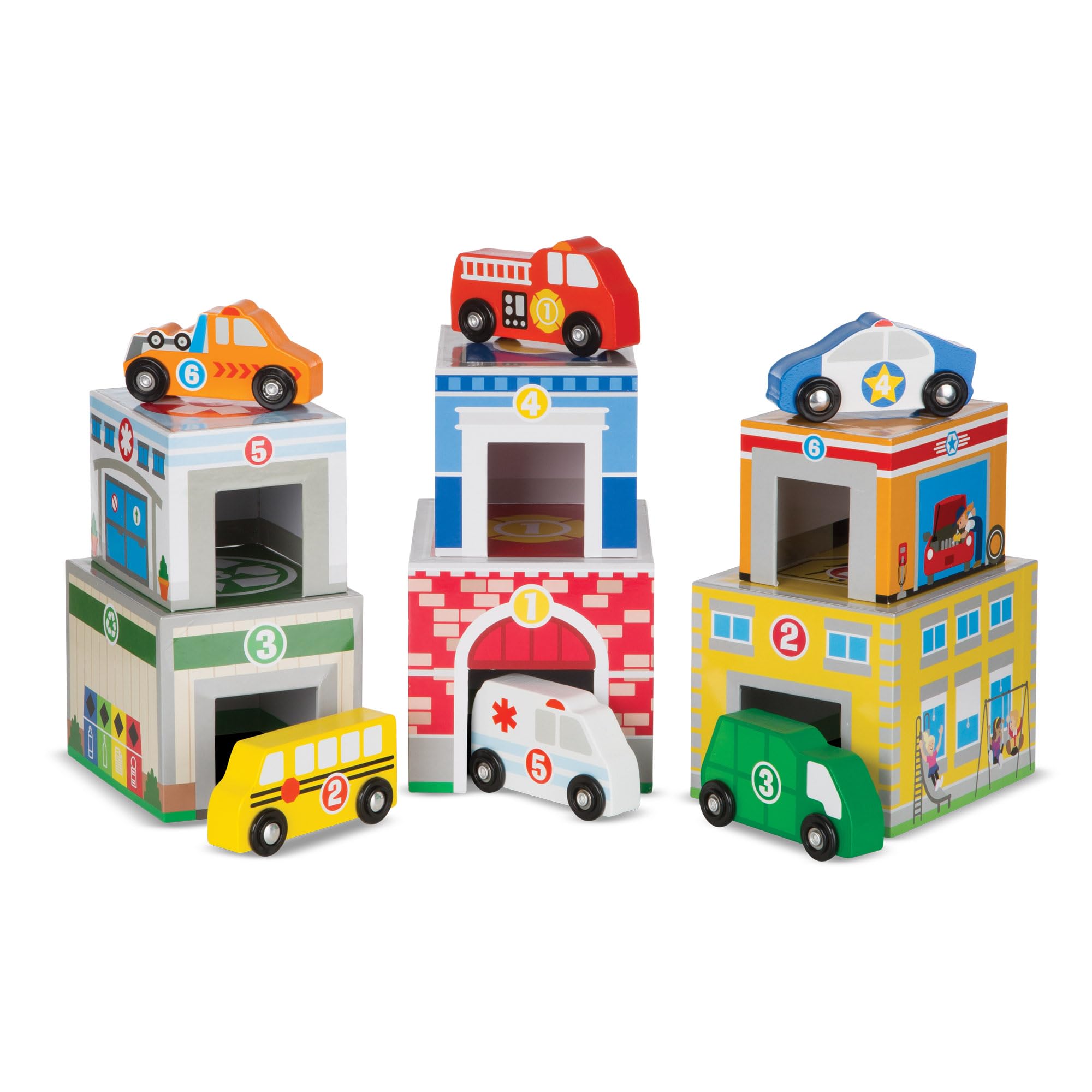 Melissa & Doug Nesting and Sorting Blocks – 6 Buildings & 6 Wooden Vehicles for Ages 2-5 1
