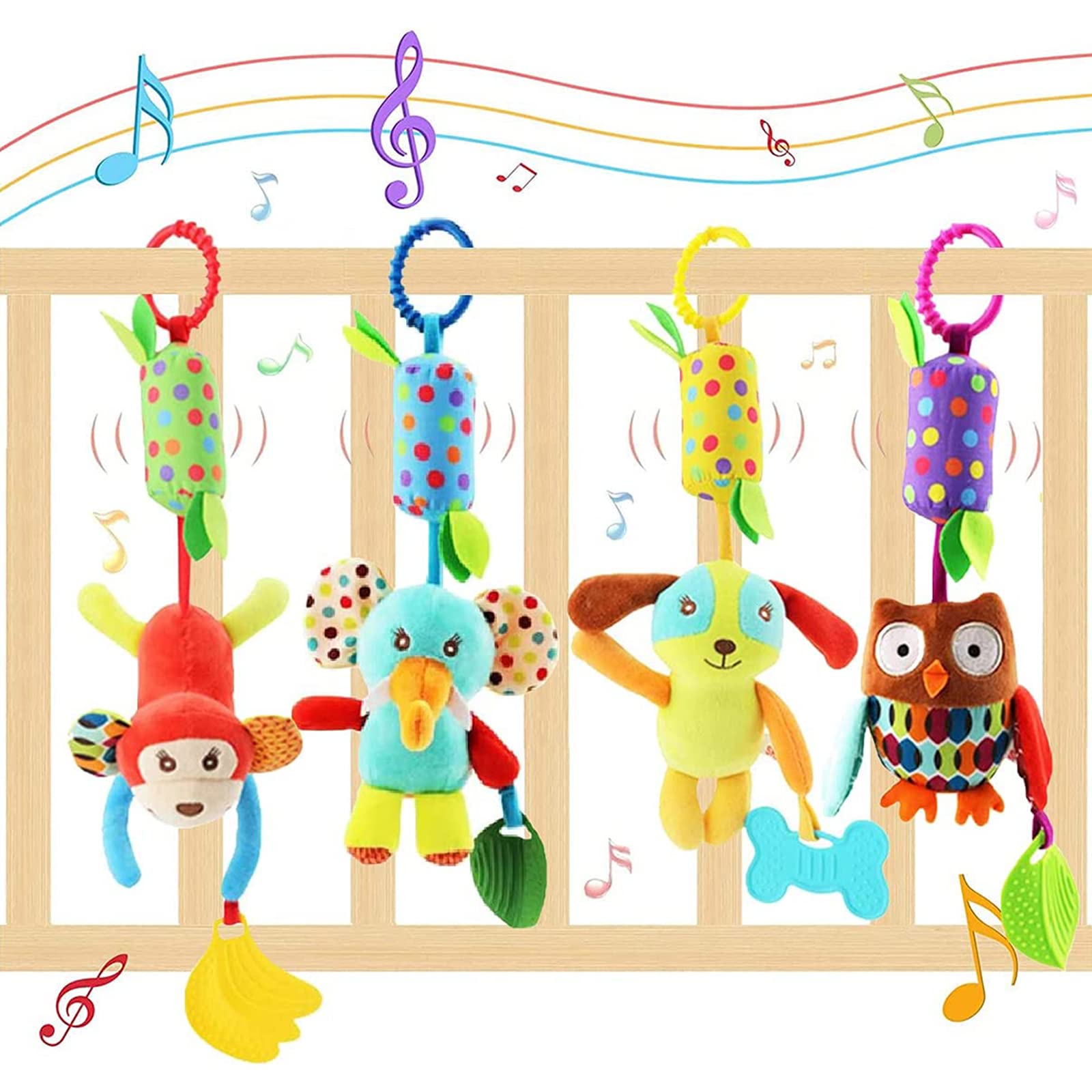 wohot 4-Pack Baby Stroller Hanging Toys - Animal Rattles with Teether for 2 Months to 3 Years 1