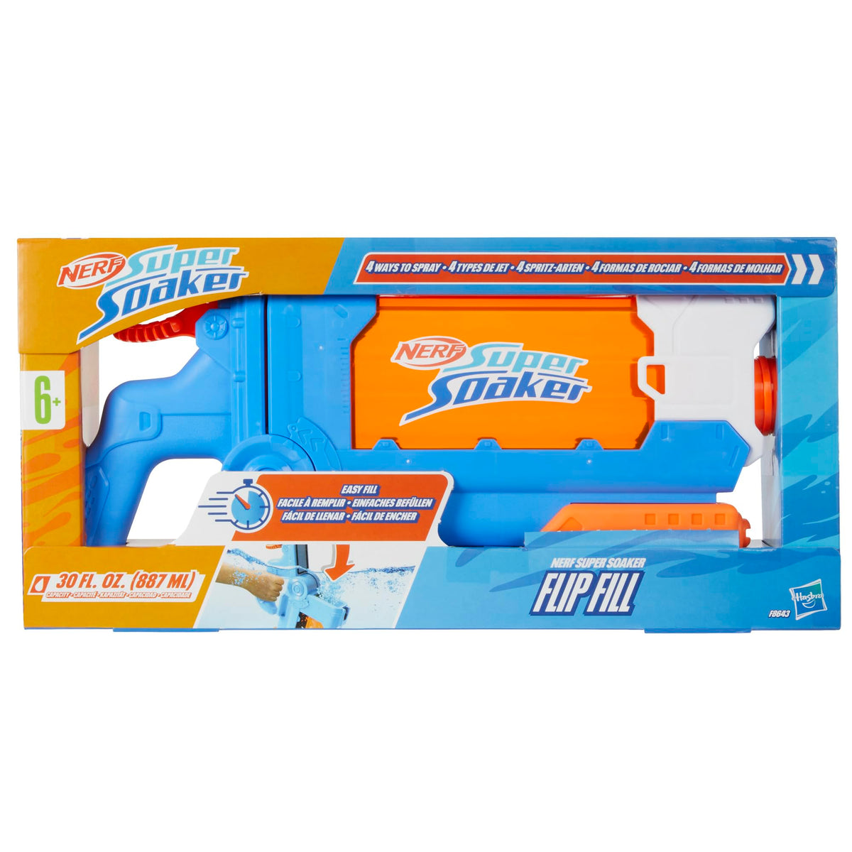 Nerf Super Soaker Flip Fill Water Blaster - 887 ml, 4 Spray Settings, Age 6+