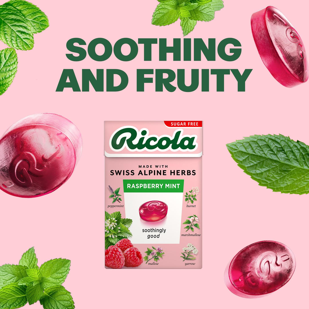 Ricola Raspberry Mint Sugar Free Herbal Sweets, 10-Pack Box (45g Each), Sweetened with Stevia, Vegan & Kosher