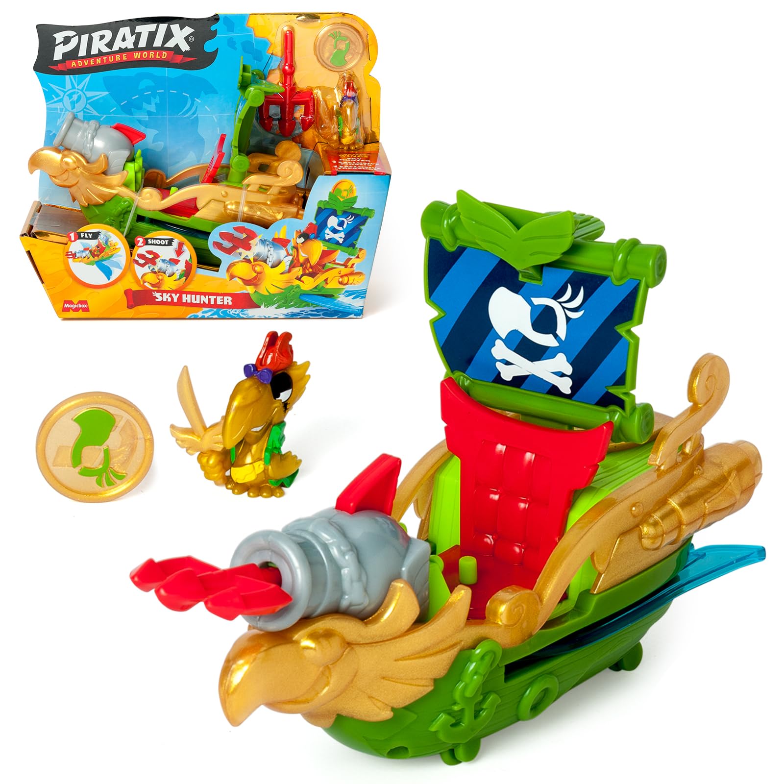 PIRATIX ADVENTURE WORLD Sky Hunter Pirate Ship Playset | Flapping Wings | Fires Cannon | Includes Captain Wings Figure 1