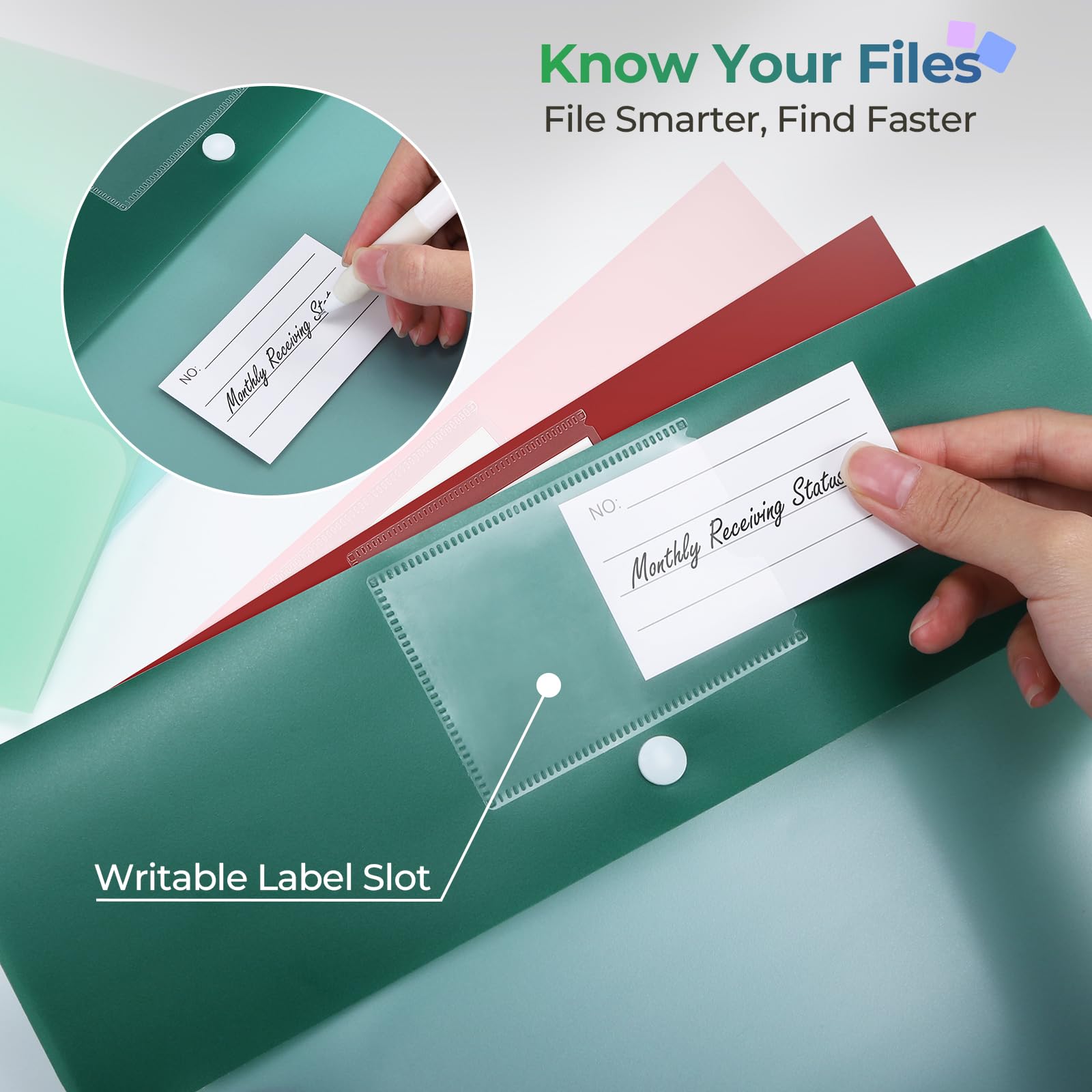 Euvqunn 32 PCS Plastic Wallets A4 - 8 Colours, Snap Button, Waterproof Document Folders 7
