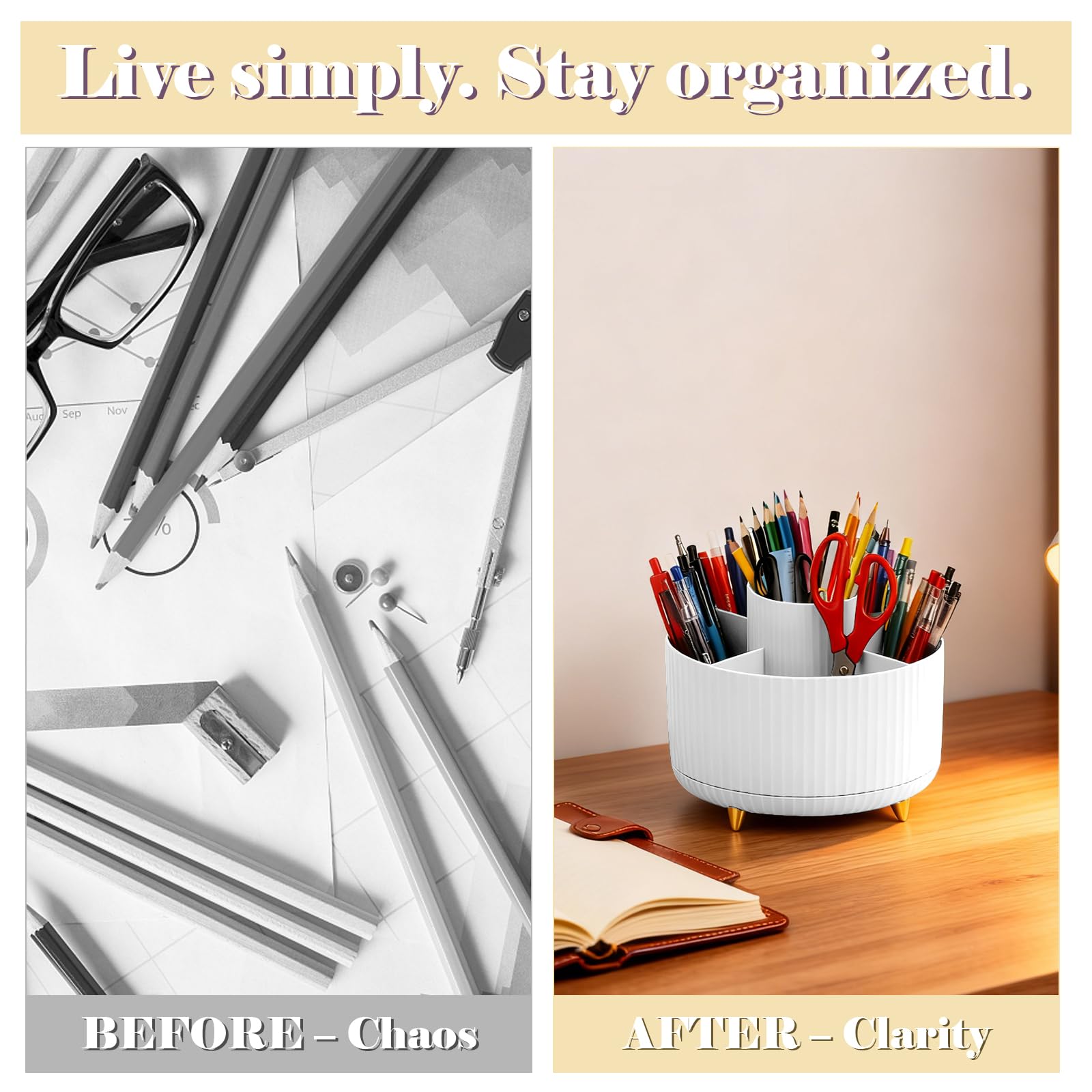 Lychico Desk Organiser - 360° Rotating Pencil Cup with 5 Compartments | White Plastic 6