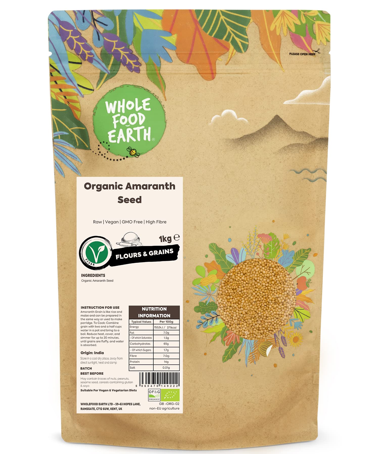 Wholefood Earth Organic Amaranth Seed - Raw Vegan Grain | 1 kg