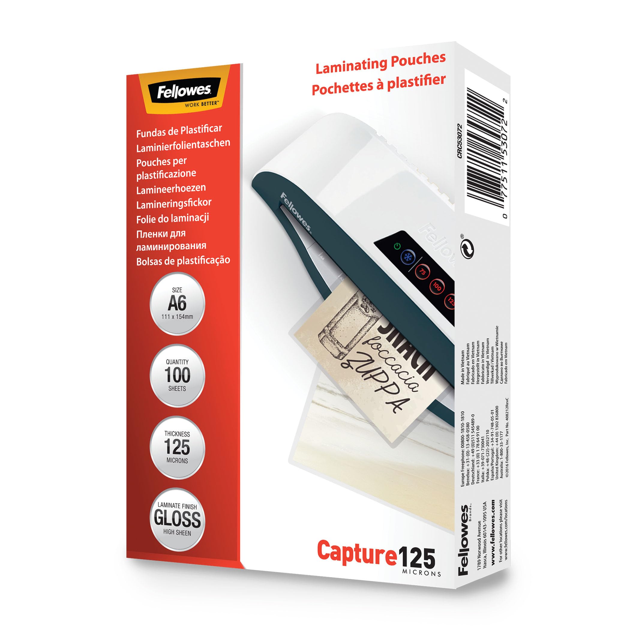 Fellowes A6 Laminating Pouches - 125 Micron Thickness | Glossy Finish | 100 Pack