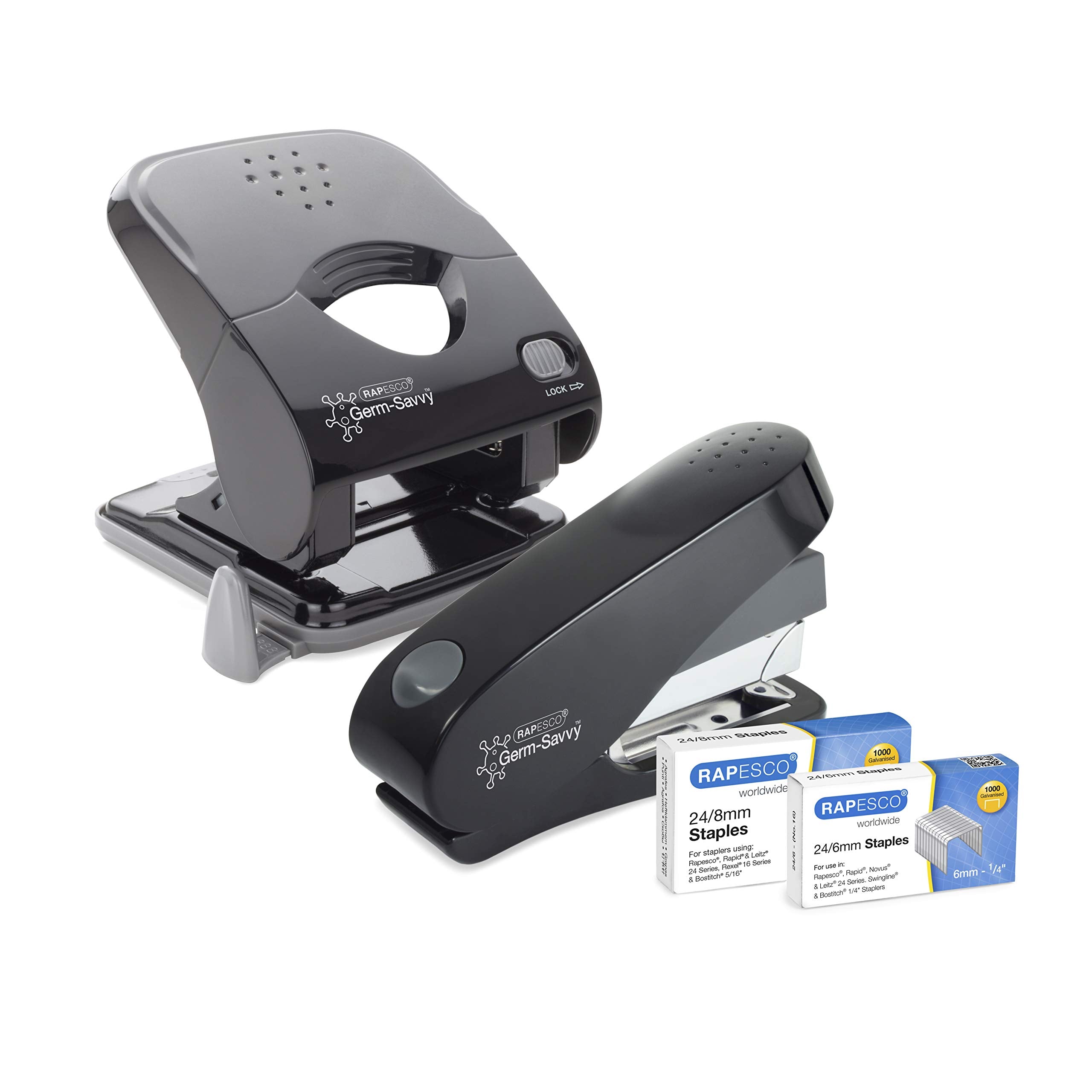 RAPESCO 1623 Germ-Savvy Antibacterial ECO Less Effort Stapler & Hole Punch Set - Black