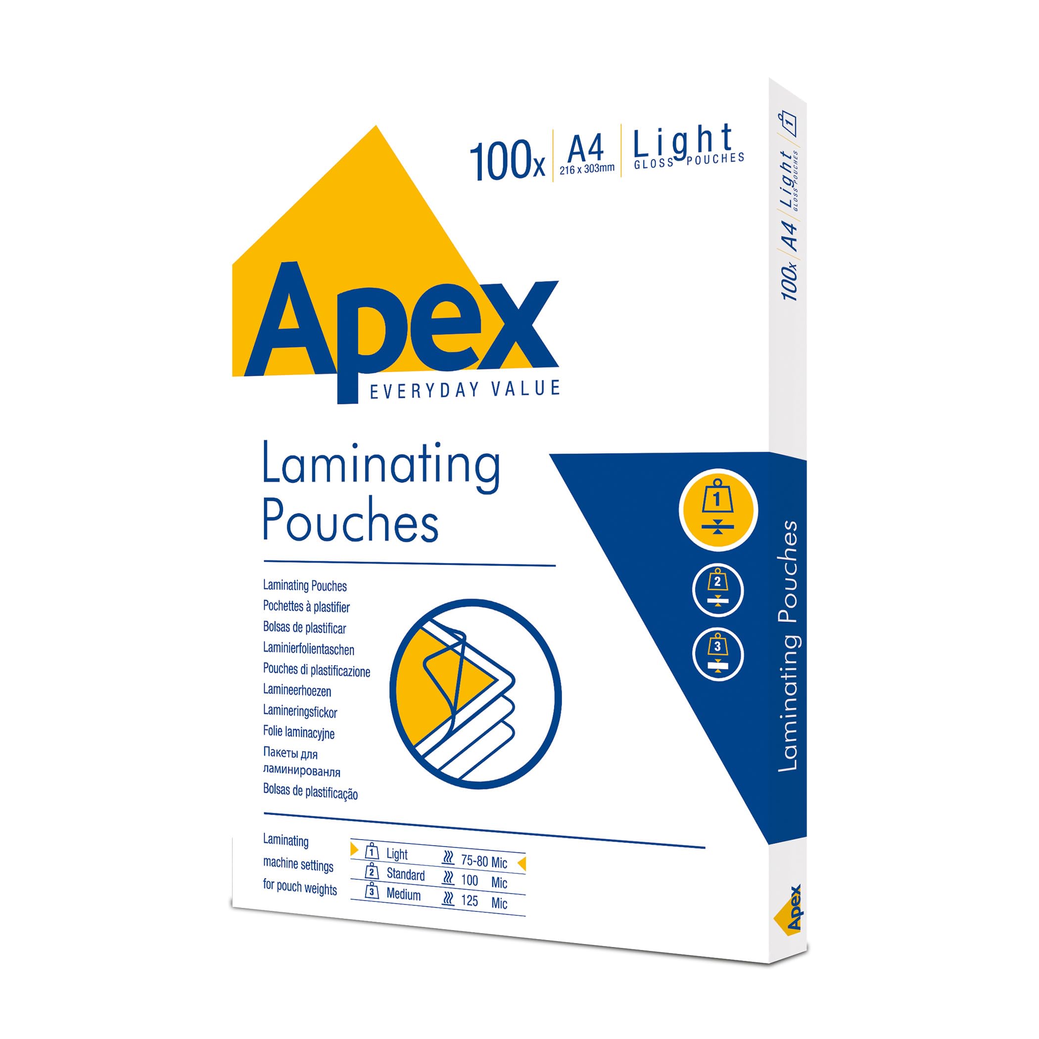 Fellowes Apex A4 Light Duty Laminating Pouches - Gloss Finish | 80 Micron | Pack of 100
