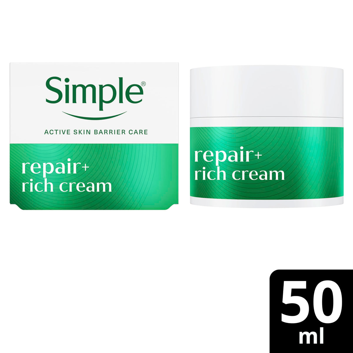 Simple Repair+ Rich Face Cream - Pro-Ceramides & Cica for Redness Relief, 50 ml
