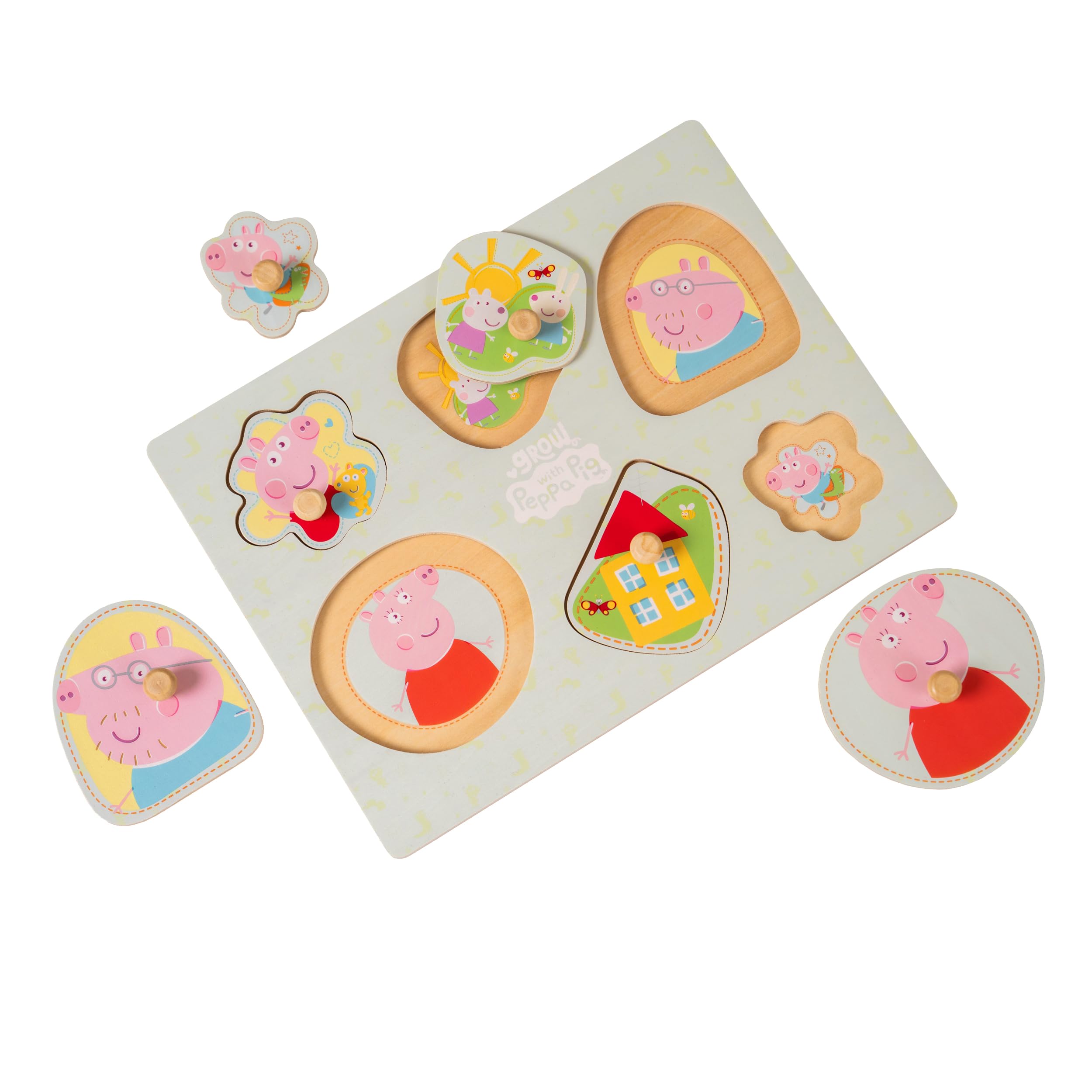 Peppa Pig Wooden Puzzle for Toddlers 12+ Months with Easy-Grip Handles | 6 Shapes