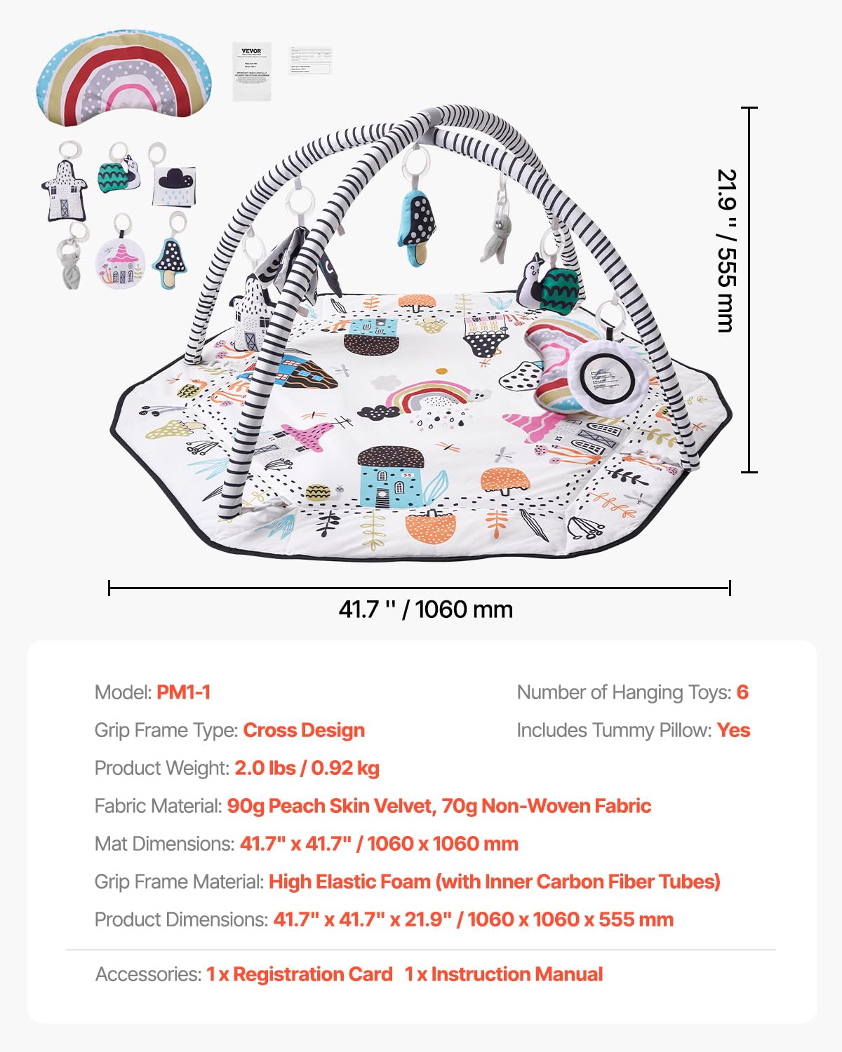 VEVOR Baby Play Gym Mat with 6 Detachable Sensory Toys, 41.7" x 41.7" Tummy Time Mat 5