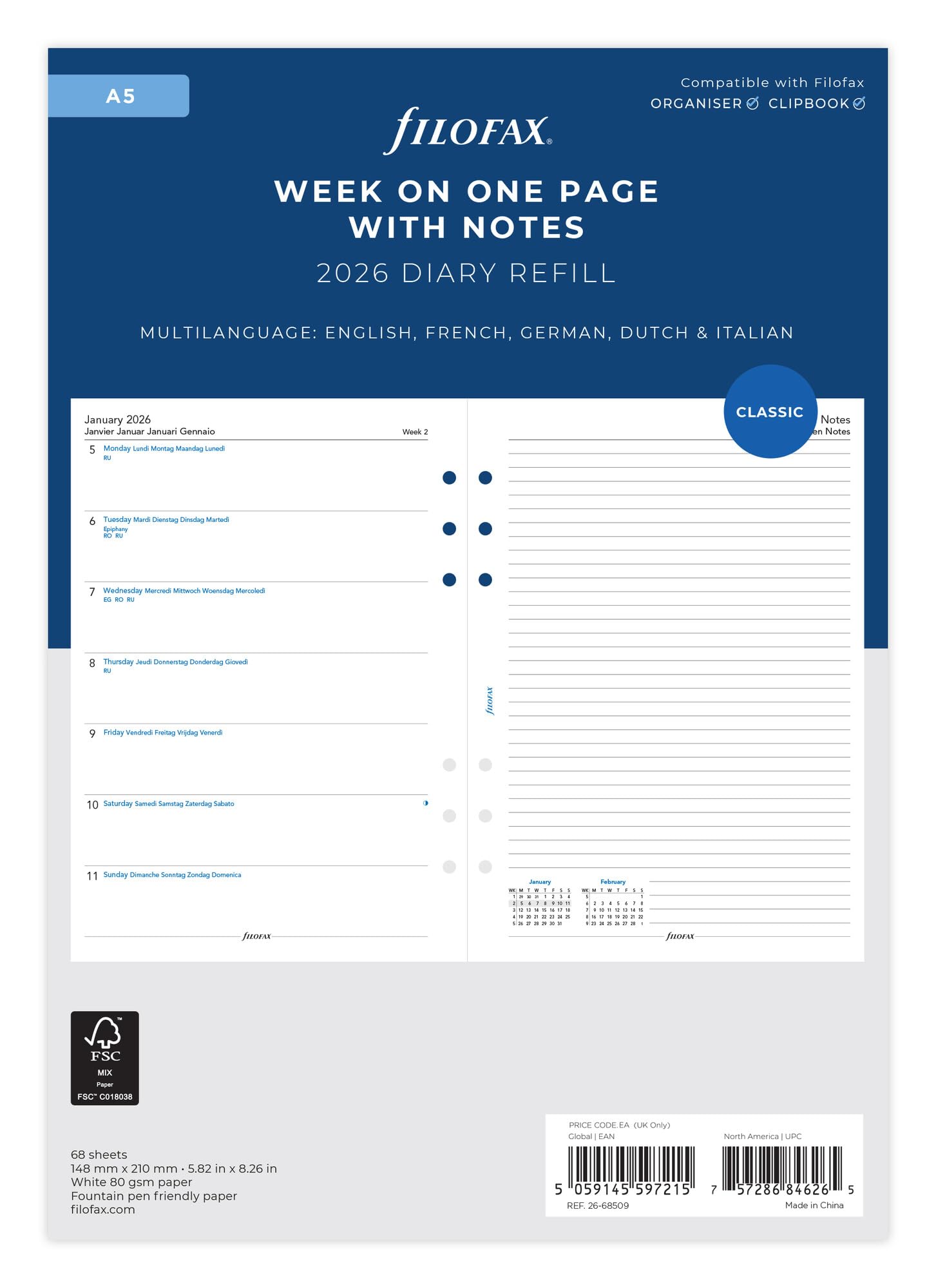 Filofax A5 2026 Diary Refill | Week on One Page with Notes | 5 Language | Model 26-68509 1