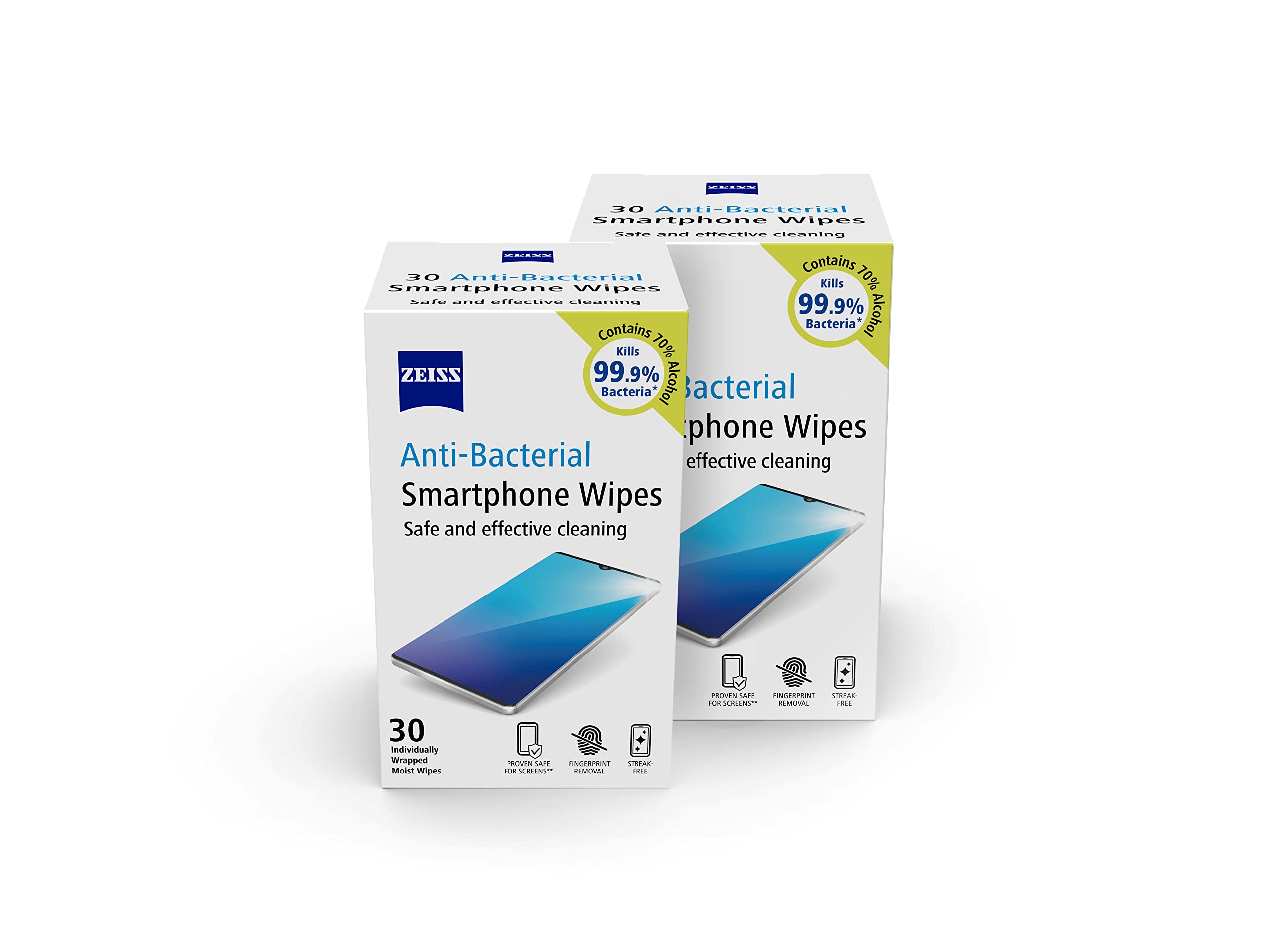ZEISS Anti-Bacterial Smartphone Screen Wipes - 60 Count | 70% Alcohol | Streak-Free Cleaning