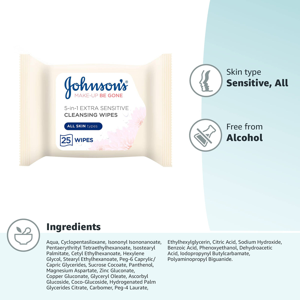 Johnson's Make-Up Be Gone 5-in-1 Extra-Sensitive Cleansing Wipes - Removes 99% Waterproof Makeup | Fragrance Free | Pack of 25 8