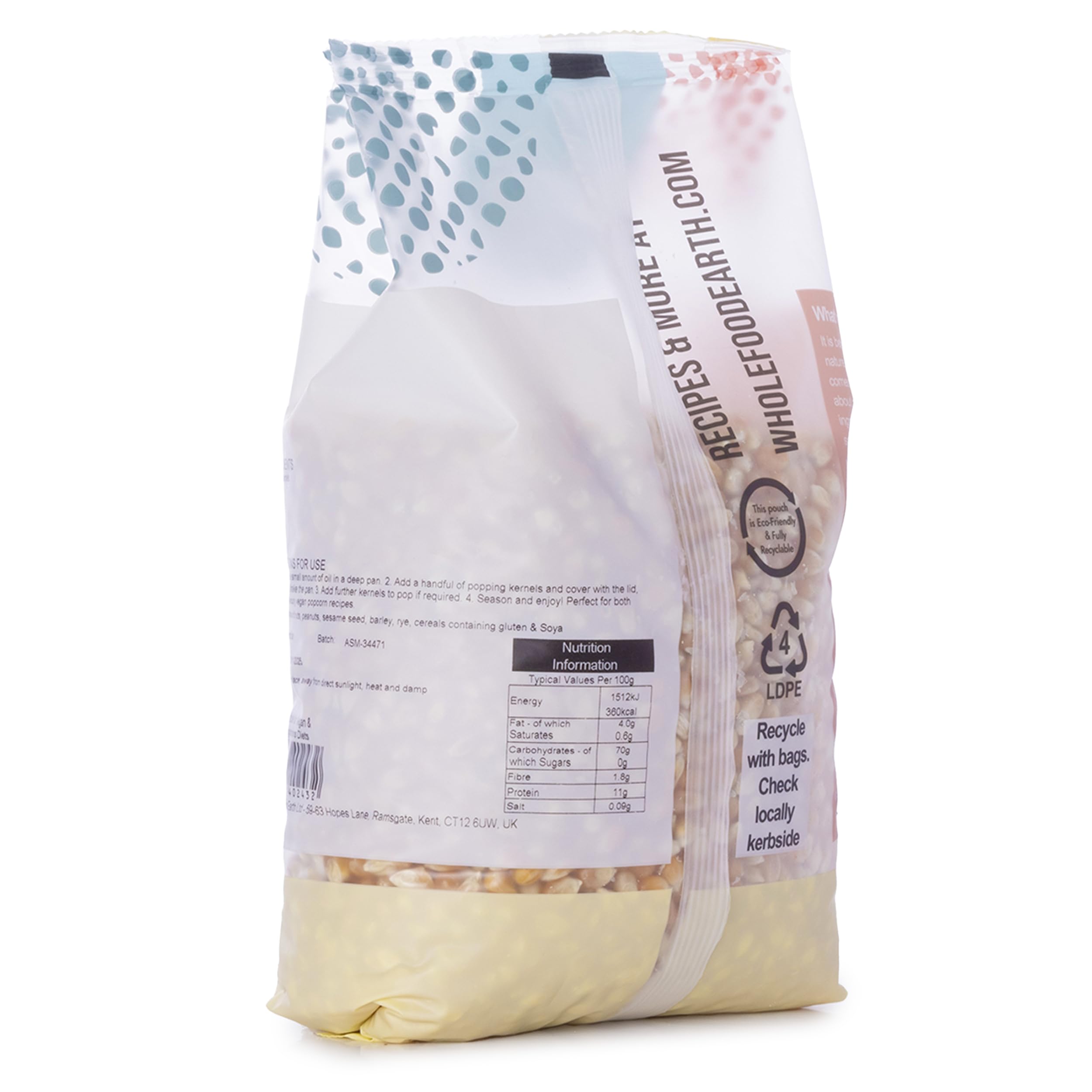Wholefood Earth Popping Corn Kernels - 1 kg Bag | GMO-Free | Vegan Friendly
