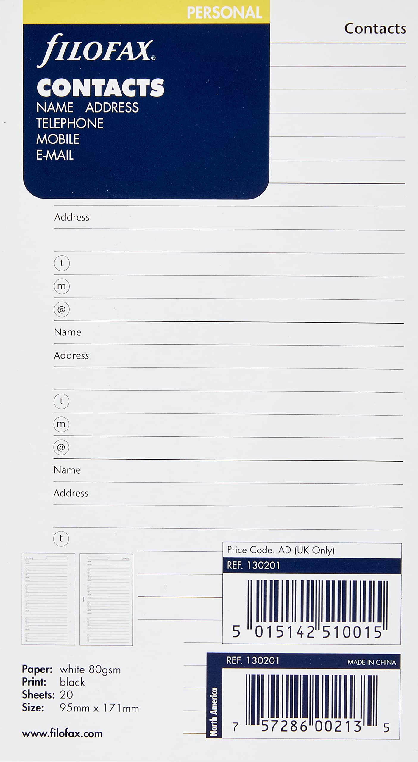Filofax Personal Contacts Name/ Address/ Email/ Telephone/ Fax/ Mobile, White 1