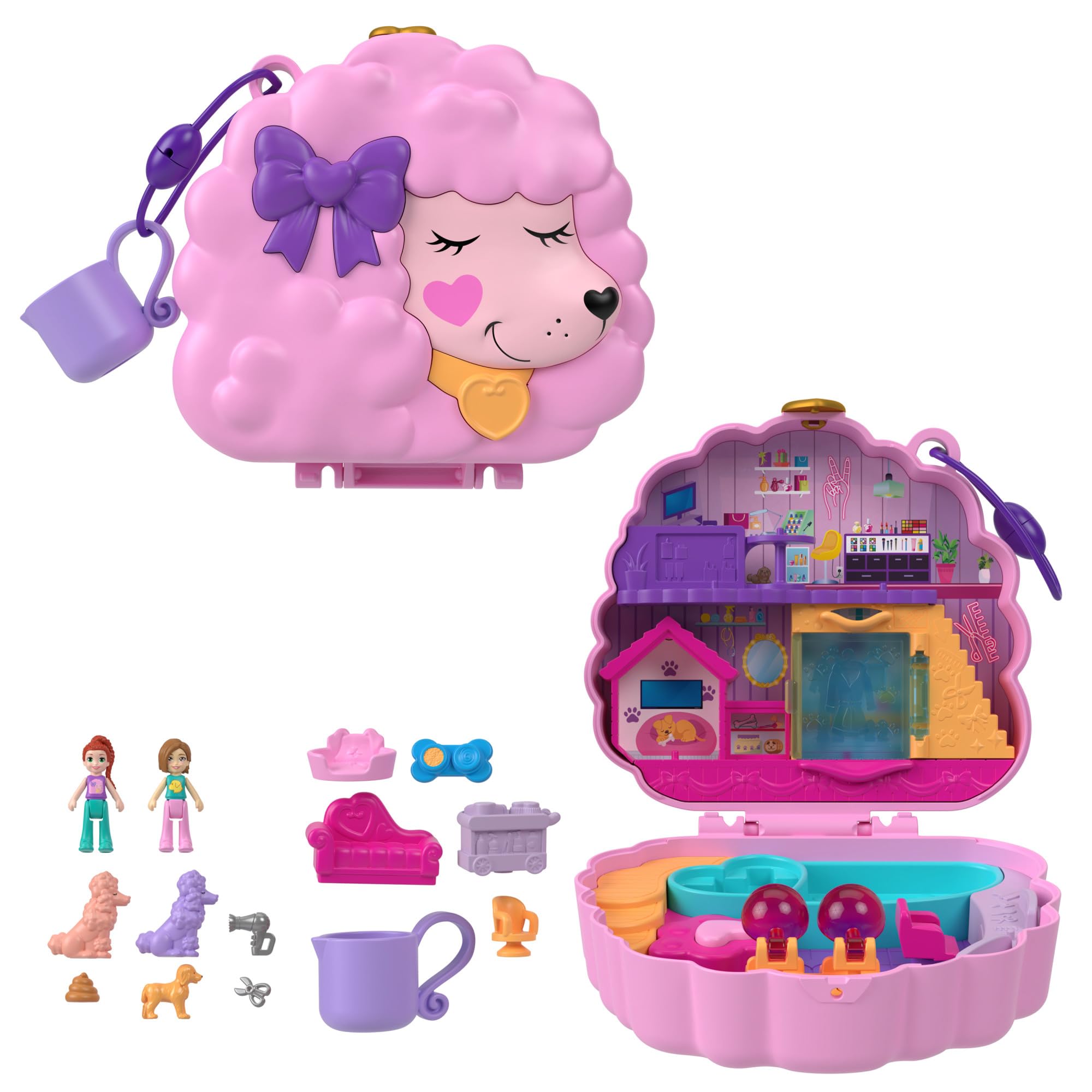 Polly Pocket Groom & Glam Poodle Compact Playset - Water Play & Color-Change Features, Ages 4+ 1