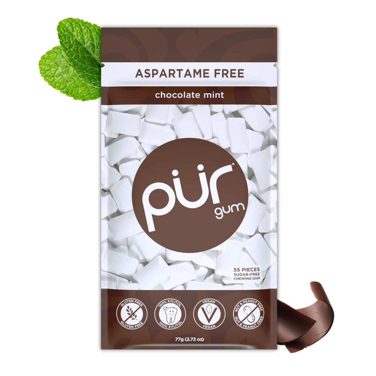 PUR Gum Chocolate Mint Sugar Free Chewing Gum - Xylitol Sweetened, 55 Pieces