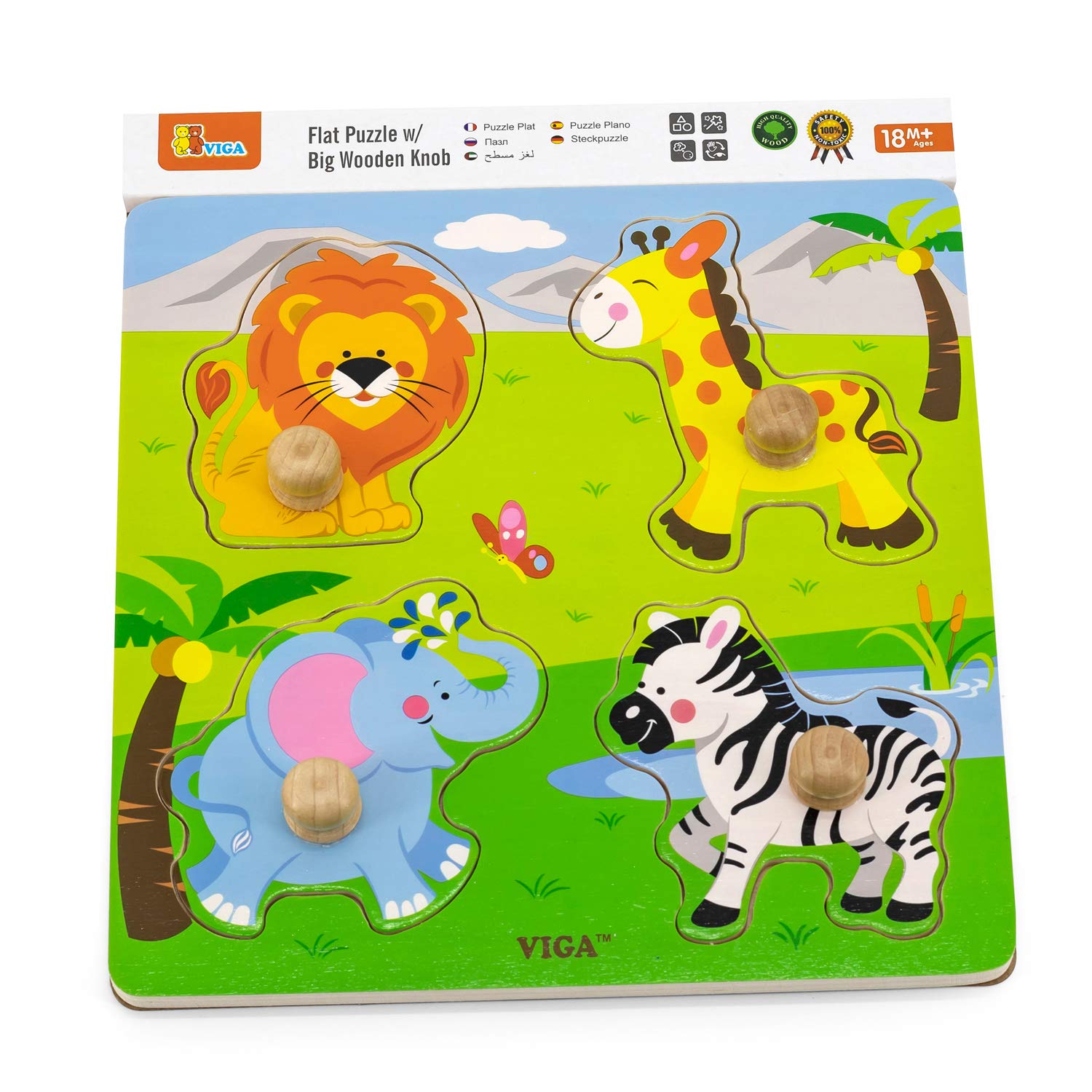 VIGA Wild Animals Big Wooden Knob Puzzle - 5 Pieces | Ages 12 Months+ 2