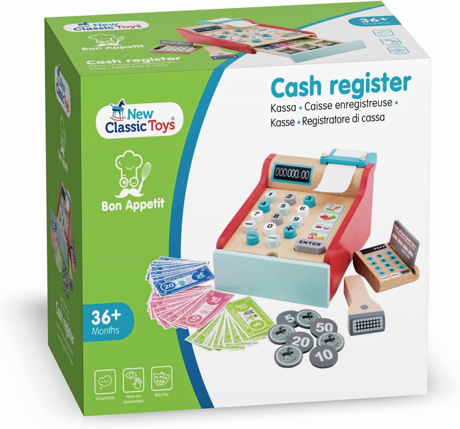 New Classic Toys Bon Appetit Wooden Cash Register Set Pretend Play Toy for Kids 3 Years and Up 4