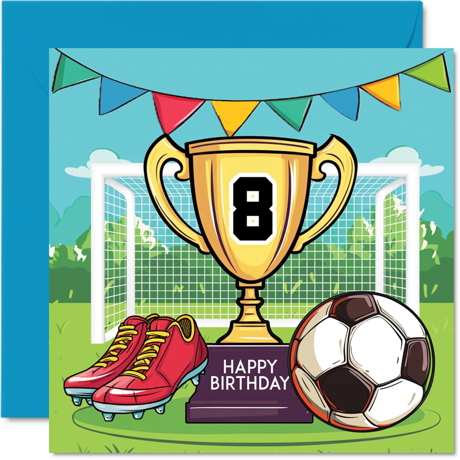 Stuff4 8th Birthday Card for Boy - Football Trophy Design | 145mm Square | Blank Inside 1