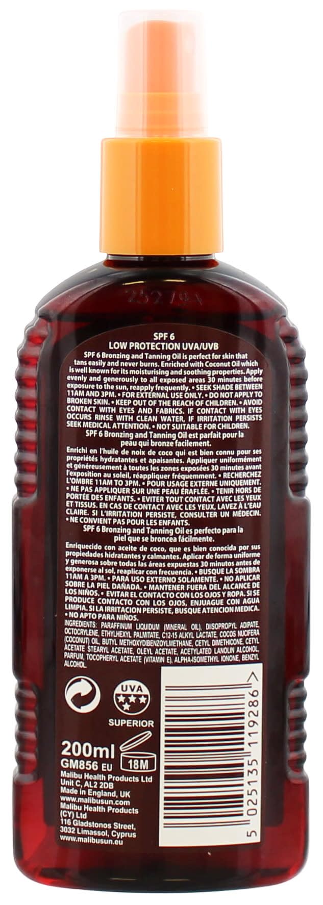 Malibu Sun Bronzing Tanning Oil Spray with Coconut Oil - SPF 15, Water Resistant, 200ml