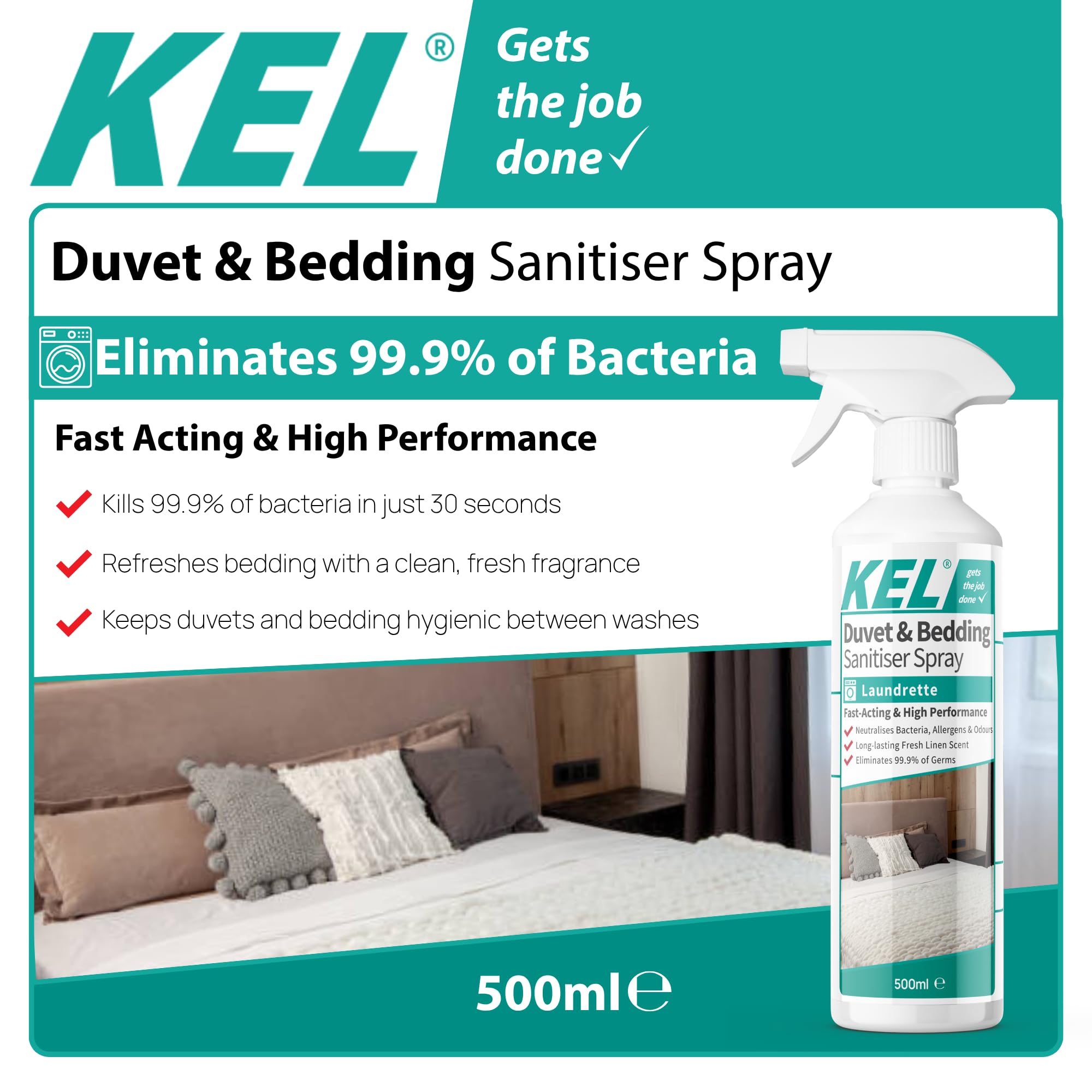 KEL Fast-Acting Duvet & Bedding Sanitiser Spray - Eliminates 99.9% of Germs | 500ml | Linen Scent 2