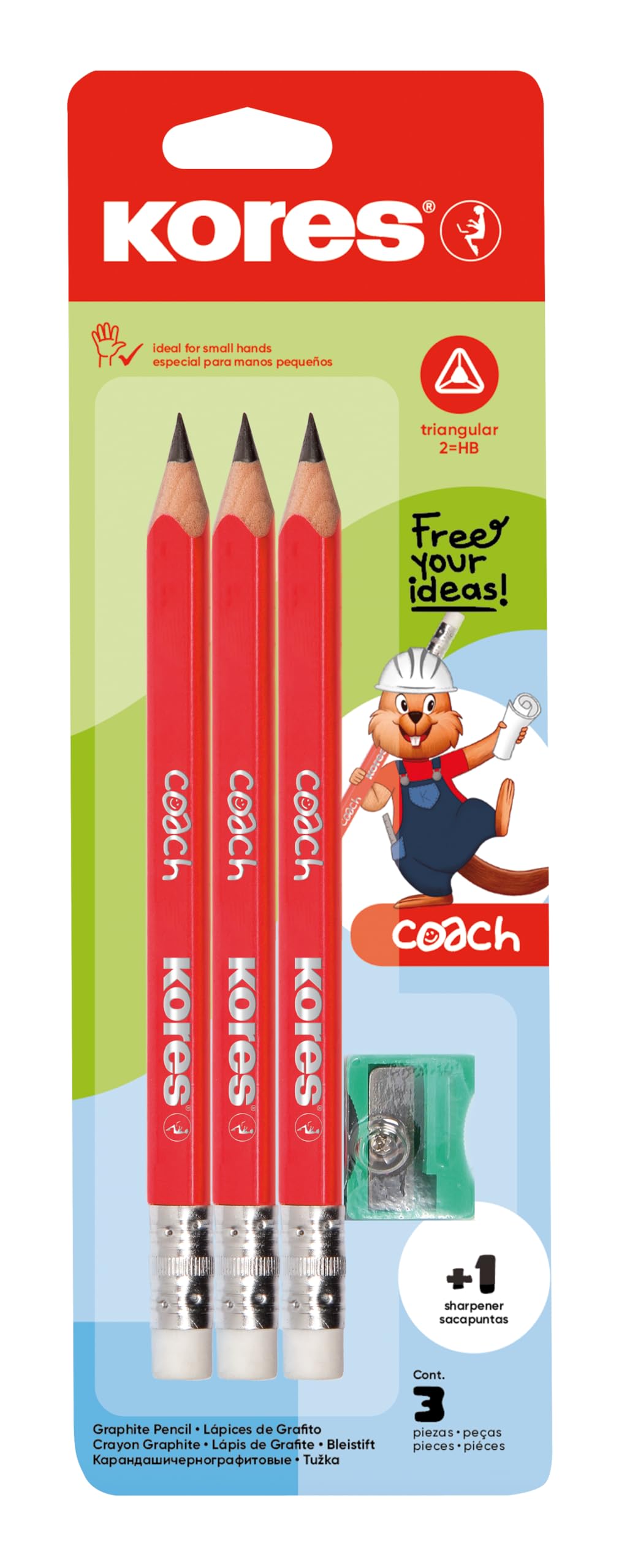 Kores Coach Jumbo HB Graphite Pencil - Soft 4mm Lead, Ergonomic Triangular Shape, with Eraser Tip