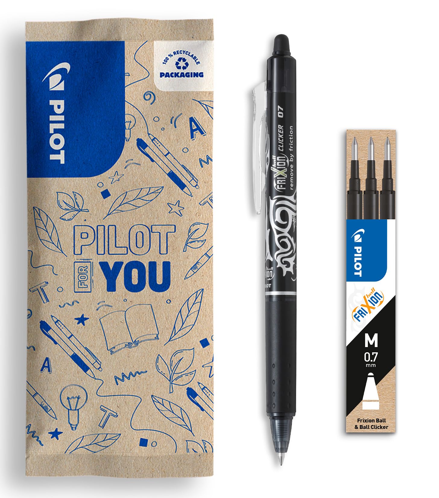 PILOT Flow Pack FriXion Ball Clicker 07 X1 Black - Set of 3 Black Gel Ink Rollerball Refills