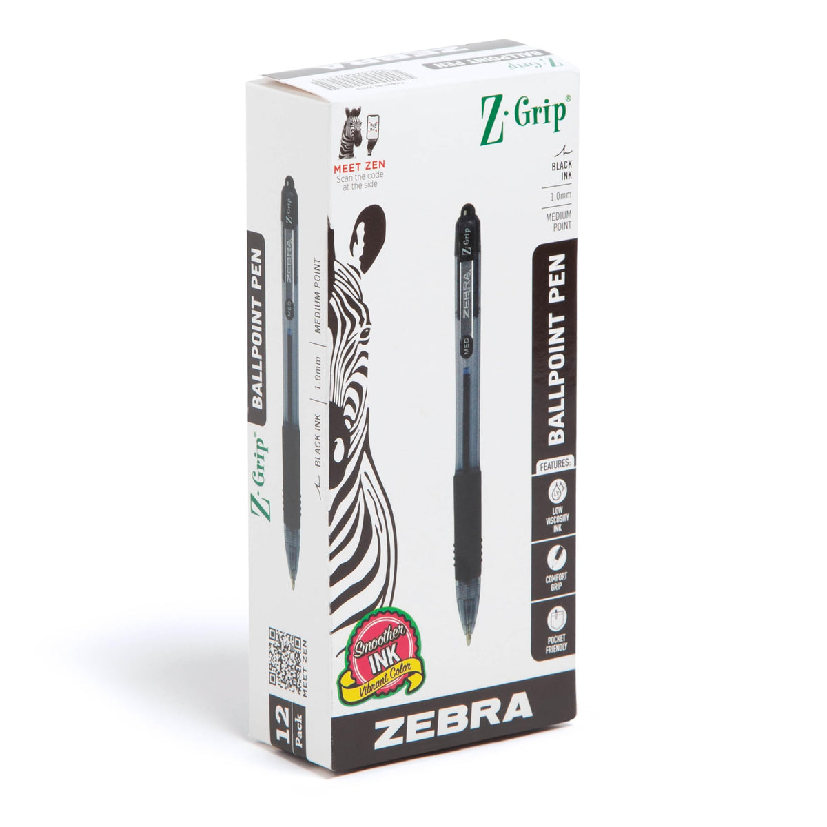 Zebra Pen Z-Grip Retractable Ballpoint Pen - Black Ink, Medium Point, Pack of 12