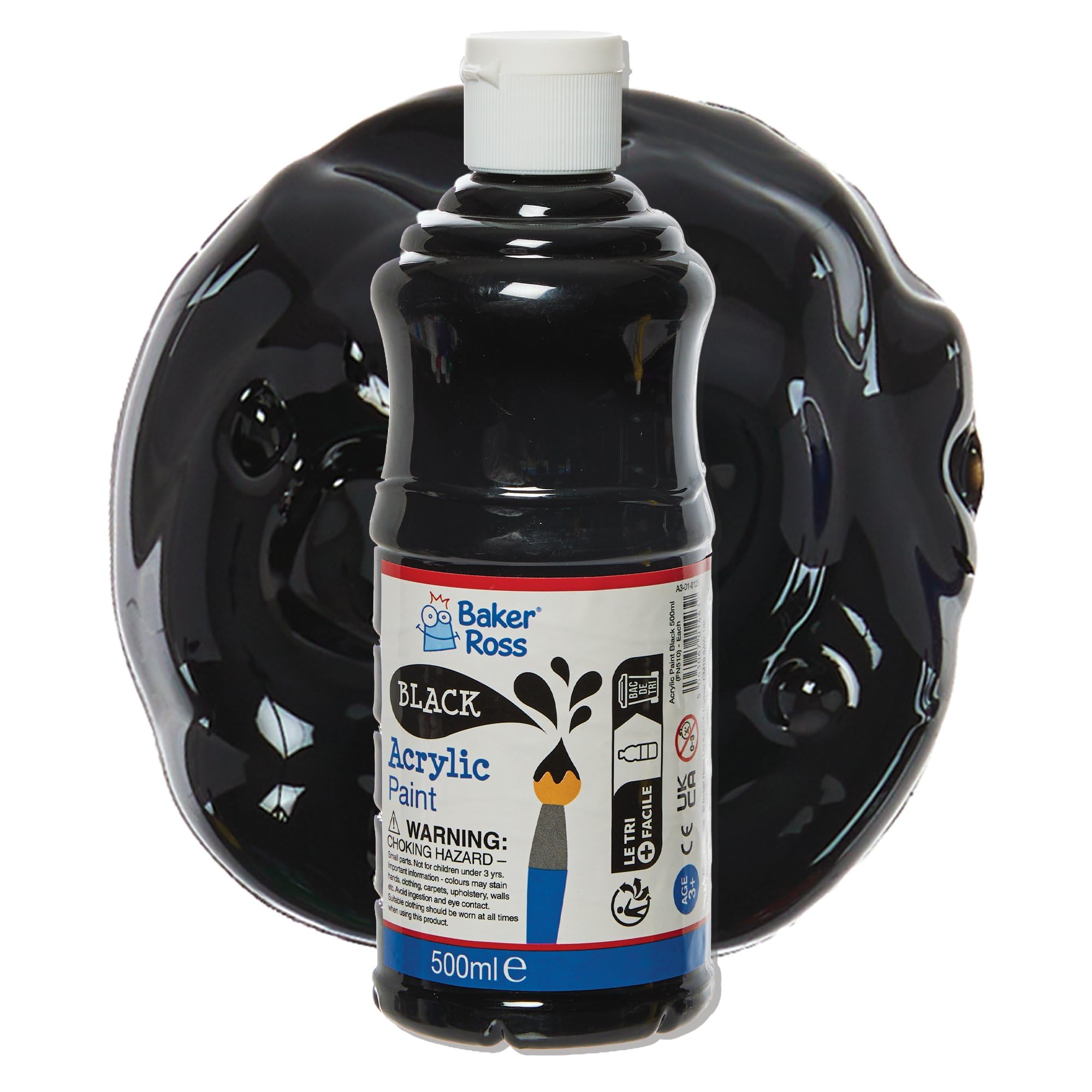 Baker Ross FN510 Black Acrylic Paint 500ml - Water-Based, High-Gloss Finish | Pack of 1