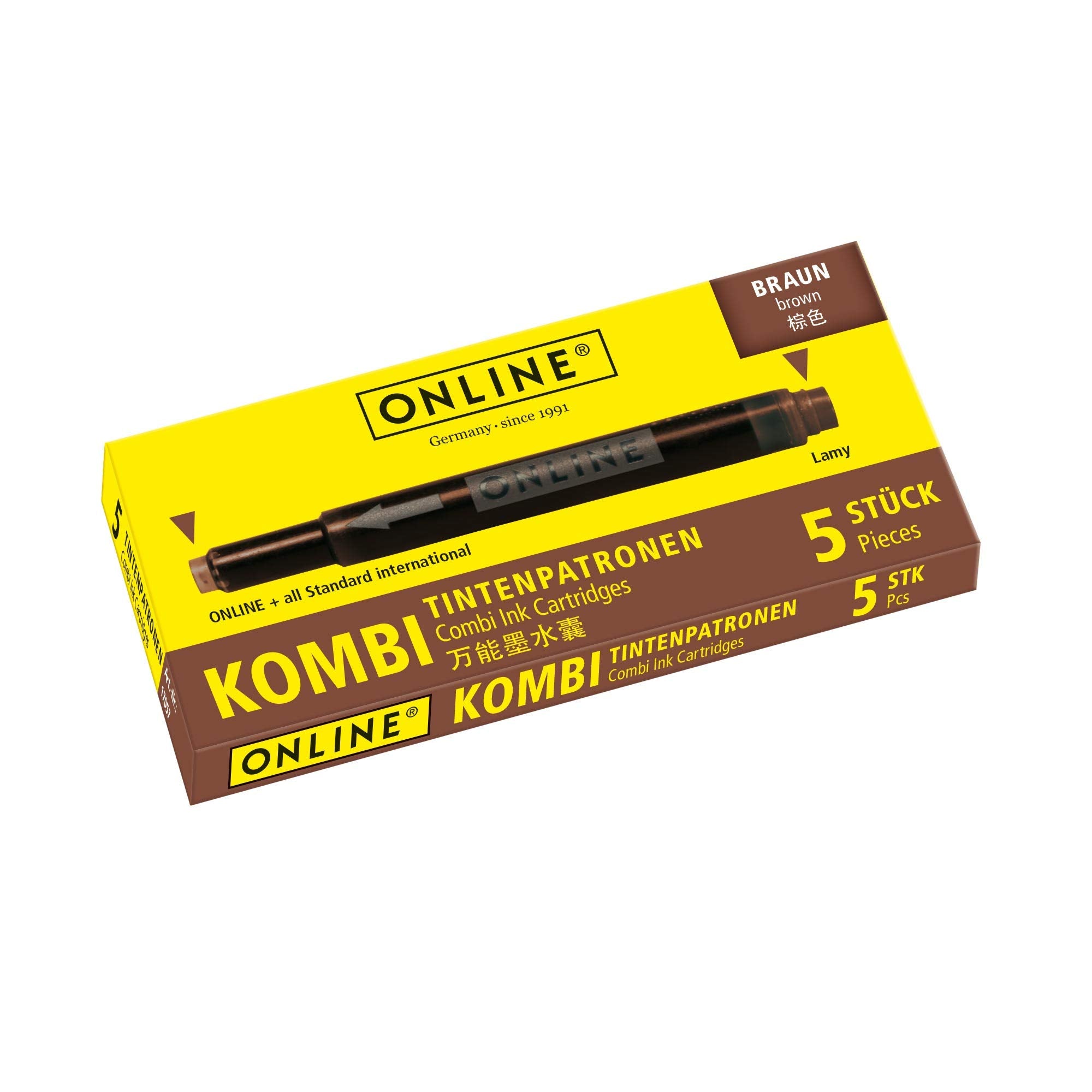 Online Universal Double-Sided Fountain Pen Refills - Brown Ink | 5 Cartridges | Compatible with Lamy 1