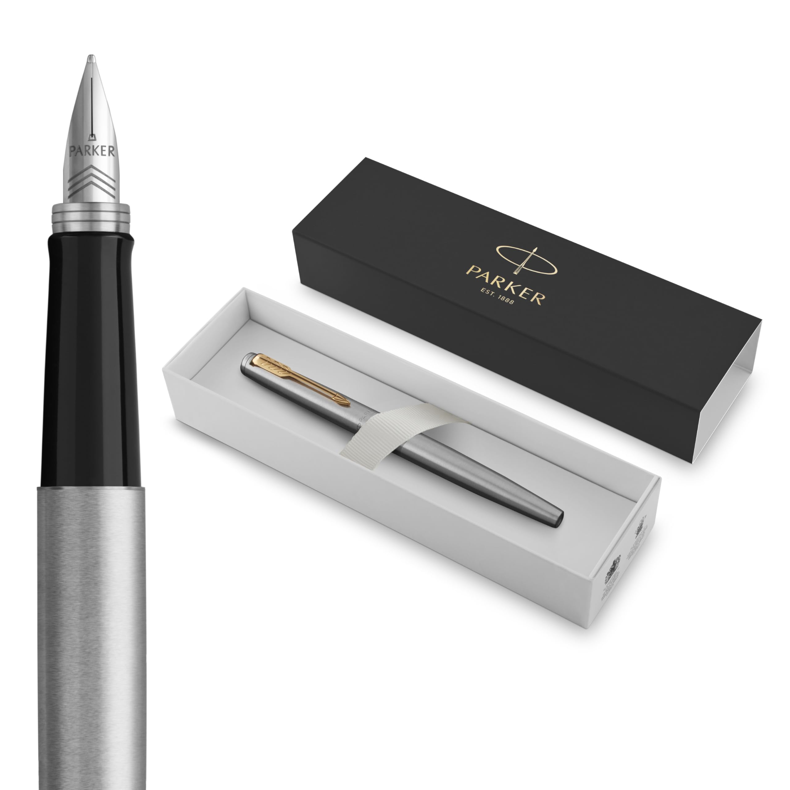 Parker Jotter Fountain Pen | Stainless Steel with Gold Trim | Medium Nib Bl
