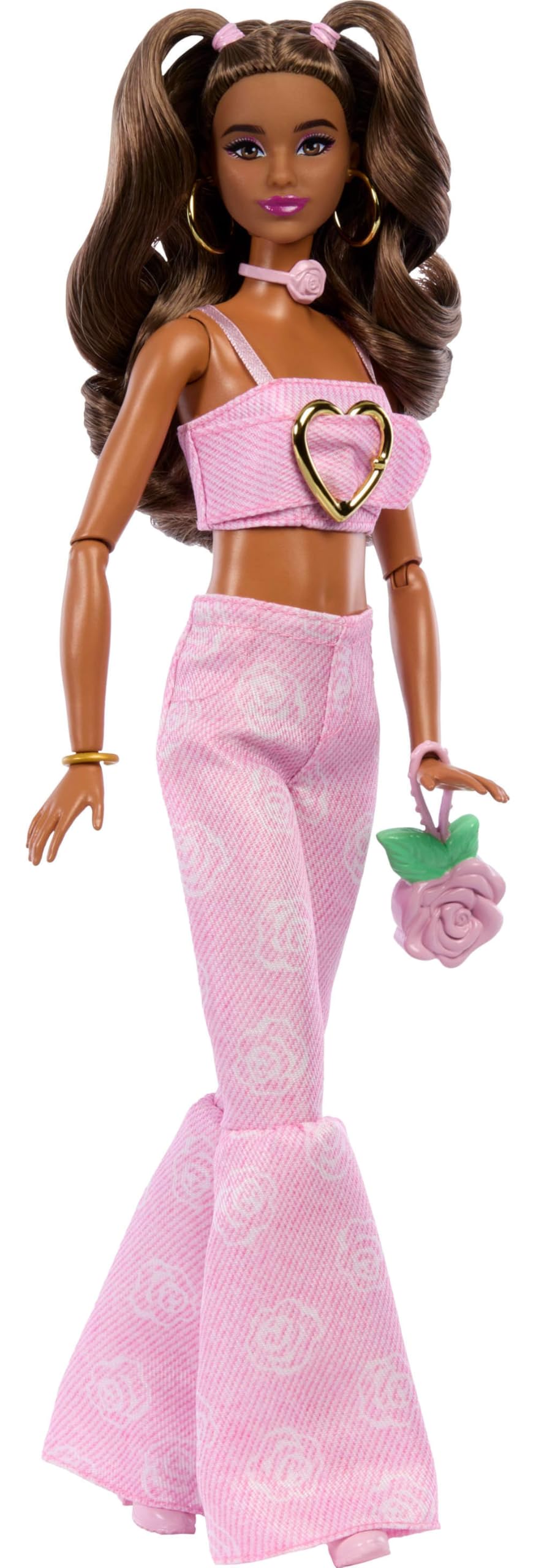 Barbie Deluxe Style Doll #12 in Pink Denim Crop Top with Rose Print Flare Jeans 2