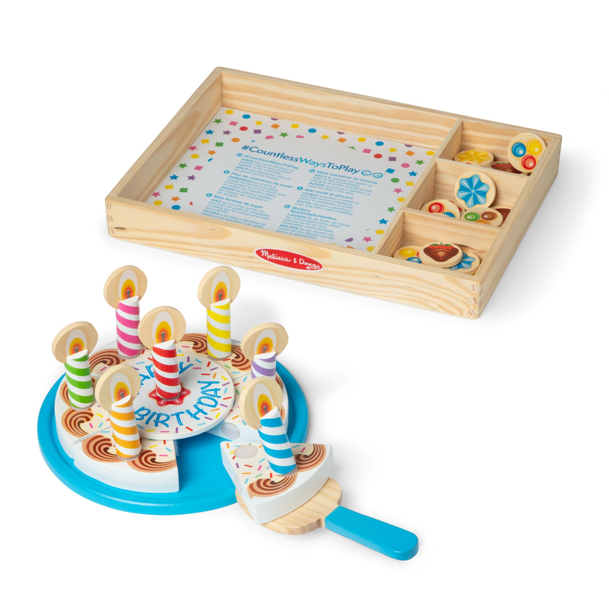 Melissa & Doug Wooden Birthday Cake Play Food Toy for Kids Ages 3+ | Includes 6 Slices & Toppings