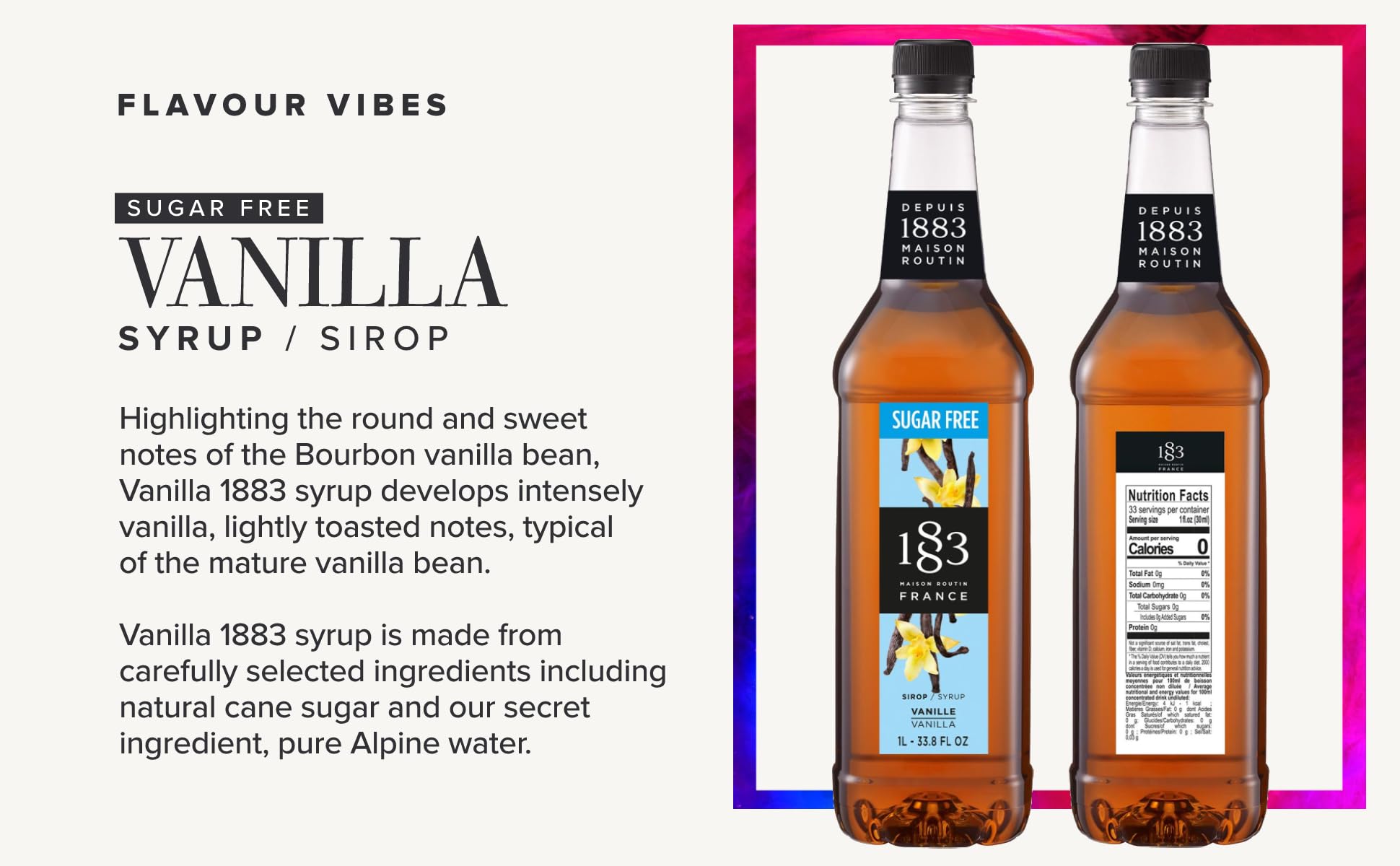 1883 MAISON ROUTIN Premium Sugar-Free Vanilla Syrup - Zero Calorie Coffee Syrup for Cocktails & Mocktails | 1L PET Bottle