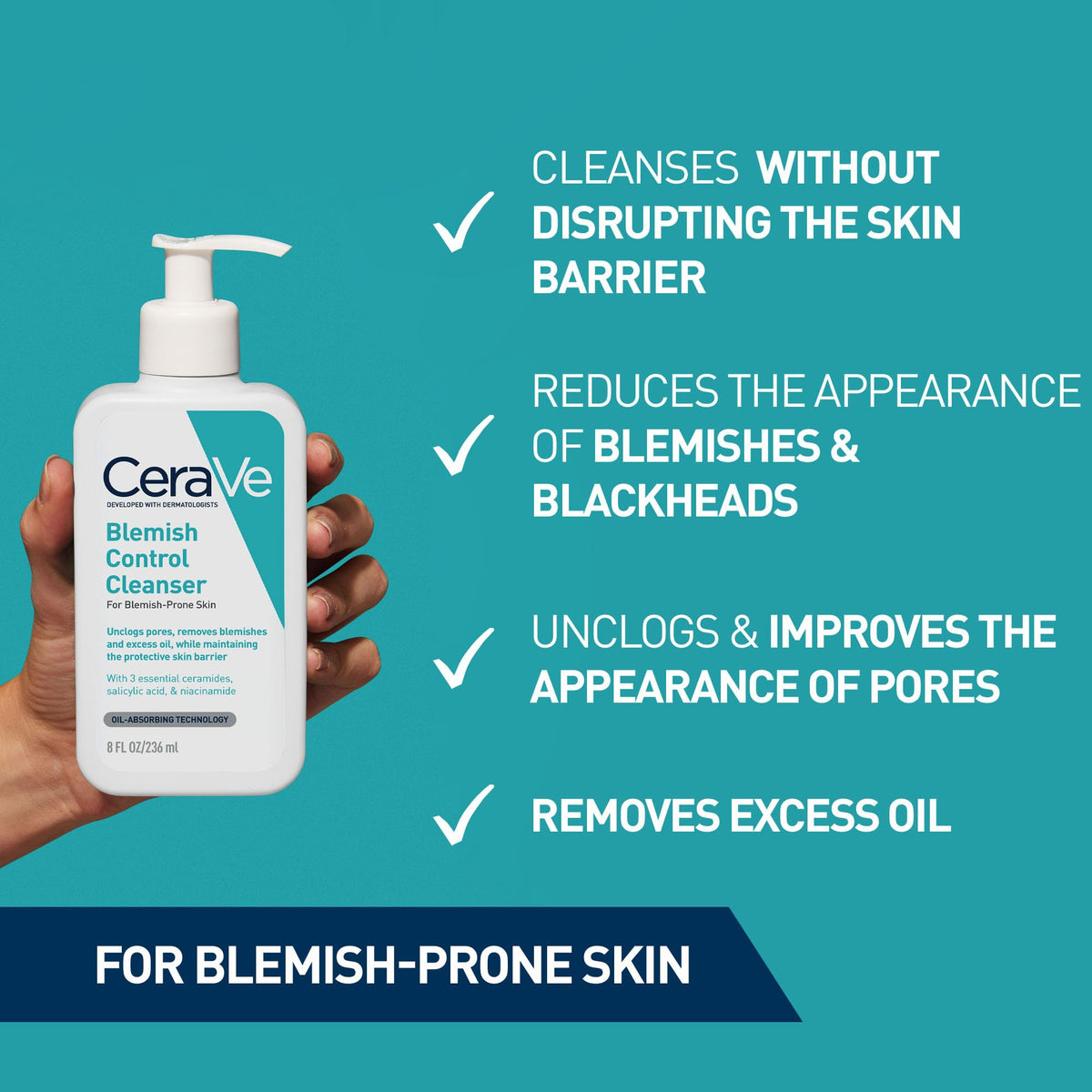 CeraVe Blemish Control Face Cleanser - 2% Salicylic Acid & Niacinamide | 236 ml | Gel-to-Foam