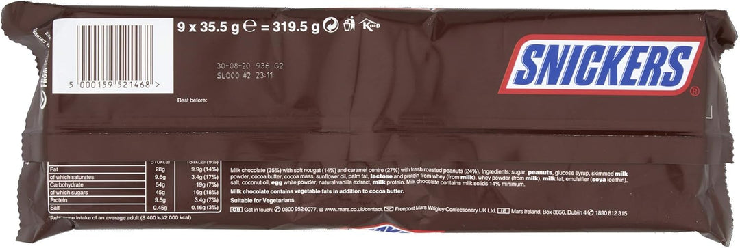Snickers 9 Bars Pack 9x35.5g - Milk Chocolate with Nougat, Caramel & Roasted Peanuts