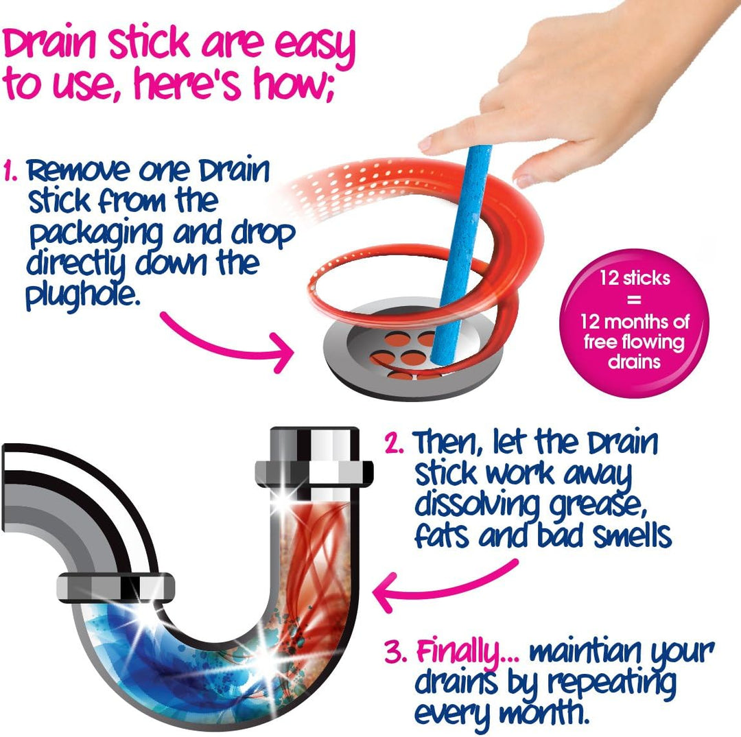 Ecozone Enzymatic Drain Sticks - Pack of 12 for Natural Drain Maintenance