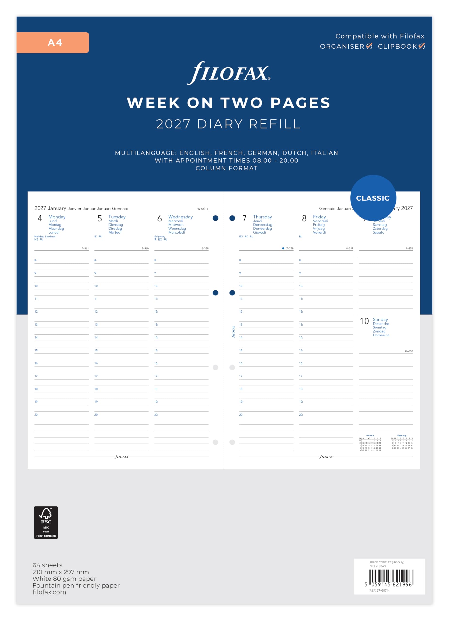 Filofax A4 2027 Diary Refill - Week on Two Pages with Appointments | 5 Language | 210mm x 297mm