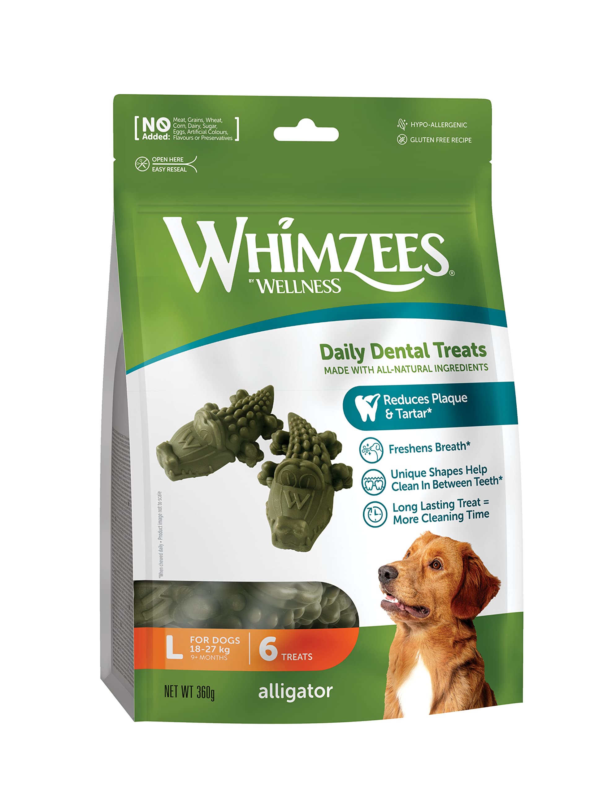 WHIMZEES Natural Dental Dog Chews - Large Alligator Shape | 6 Count | Prevents Plaque Up To 80%