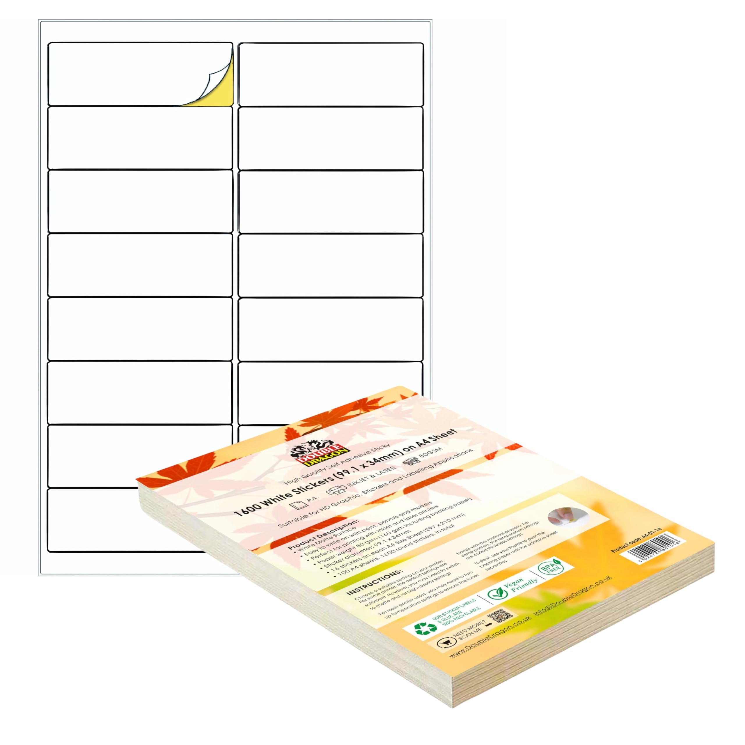 Double Dragon A4 Printer Labels - 1600 Matte White Stickers | 99.1 x 34mm | Inkjet/Laser Compatible
