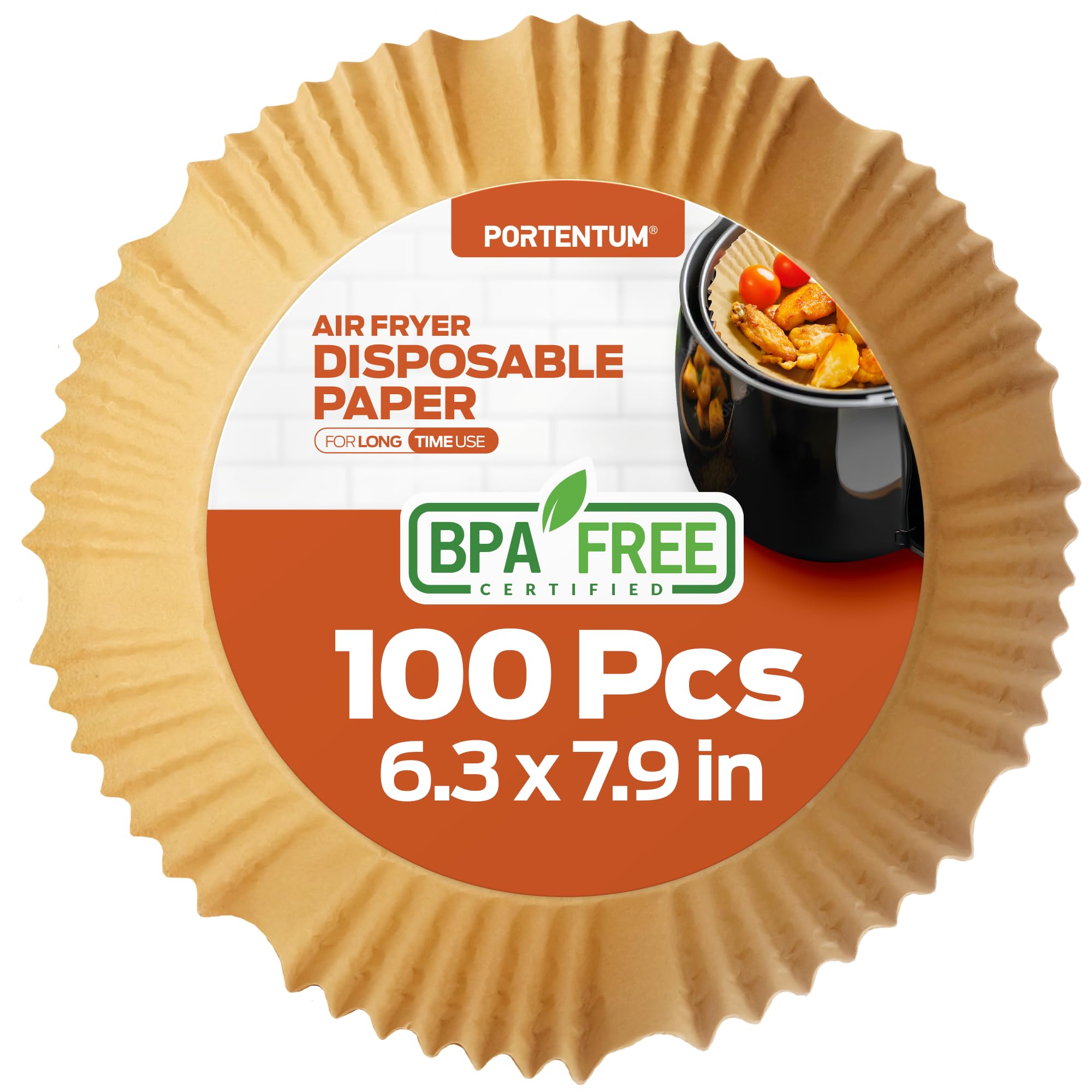 PORTENTUM Air Fryer Liners - 100PCS Disposable, Unbleached, Greaseproof Round Paper