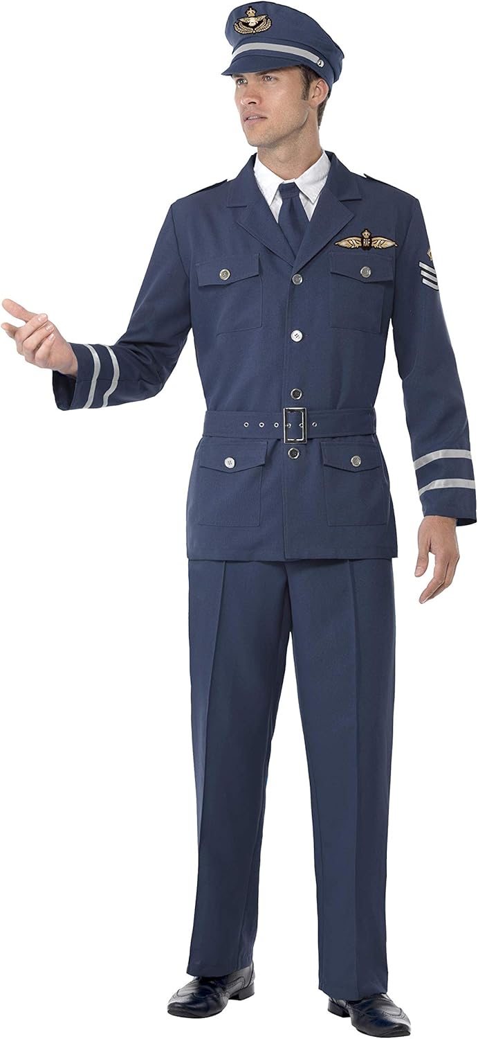 Smiffys WW2 Air Force Captain Costume - Adult Men's Military Fancy Dress Outfit with Trousers, Jacket, Hat & Tie, Size L, 38830