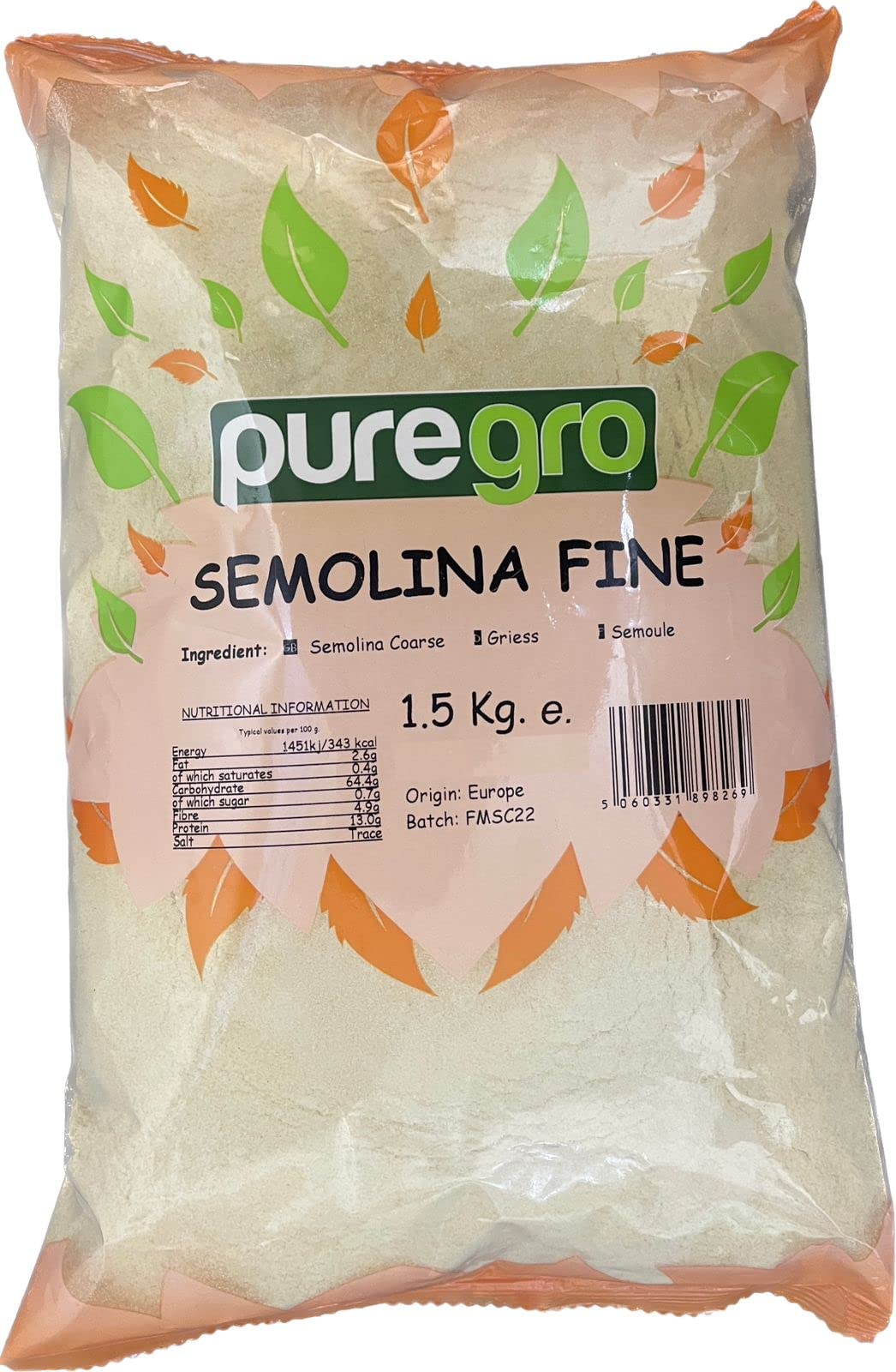 Puregro Semolina Fine Durum Wheat Flour for Baking, Pasta & Puddings | 1.5kg