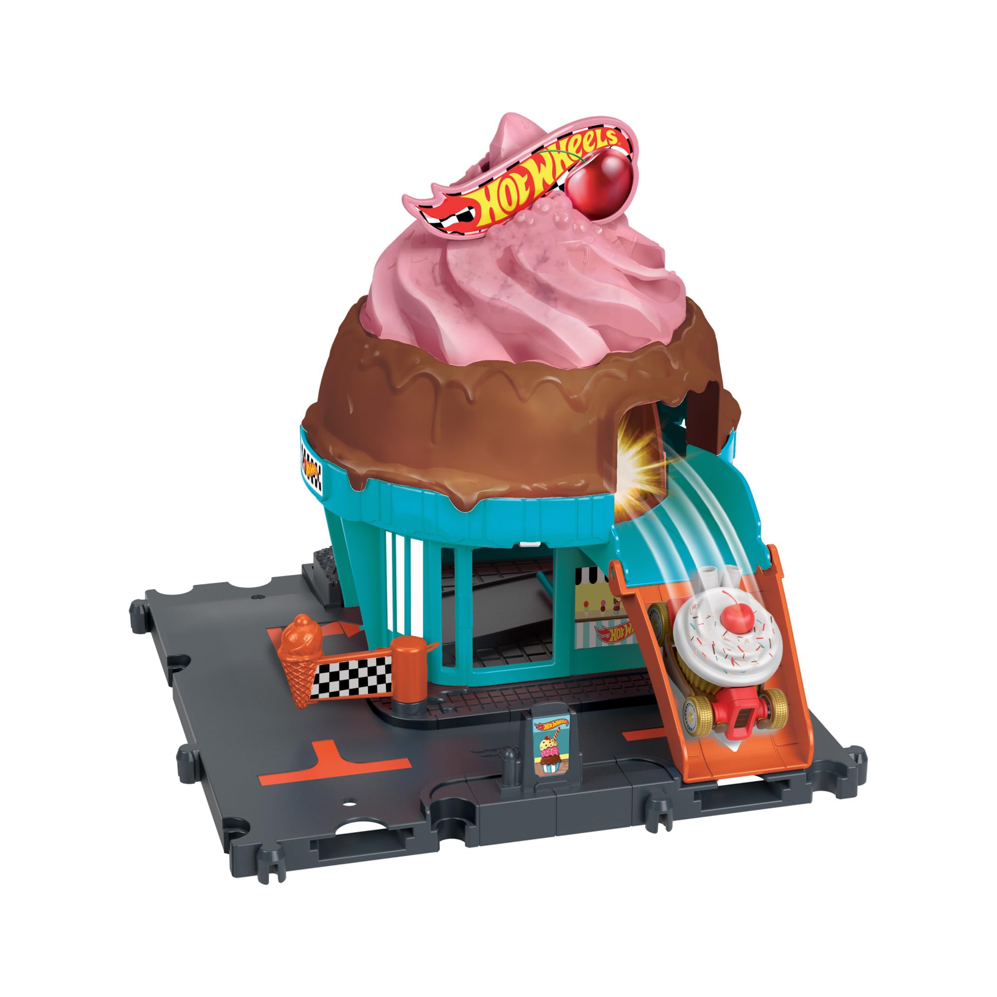 Hot Wheels City Downtown Ice Cream Swirl Playset - Track Set with 1:64 Car, Connects to Other Sets, Inspired by Netflix "Let's Race", HTN77