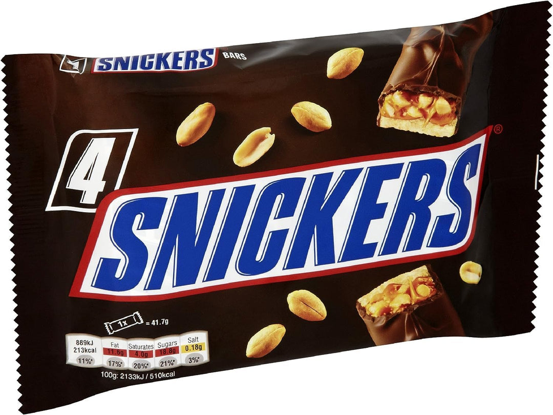 Snickers Chocolate Bars Multipack, 4 Pack of Milk Chocolate Snacks with Peanuts, Caramel & Nougat