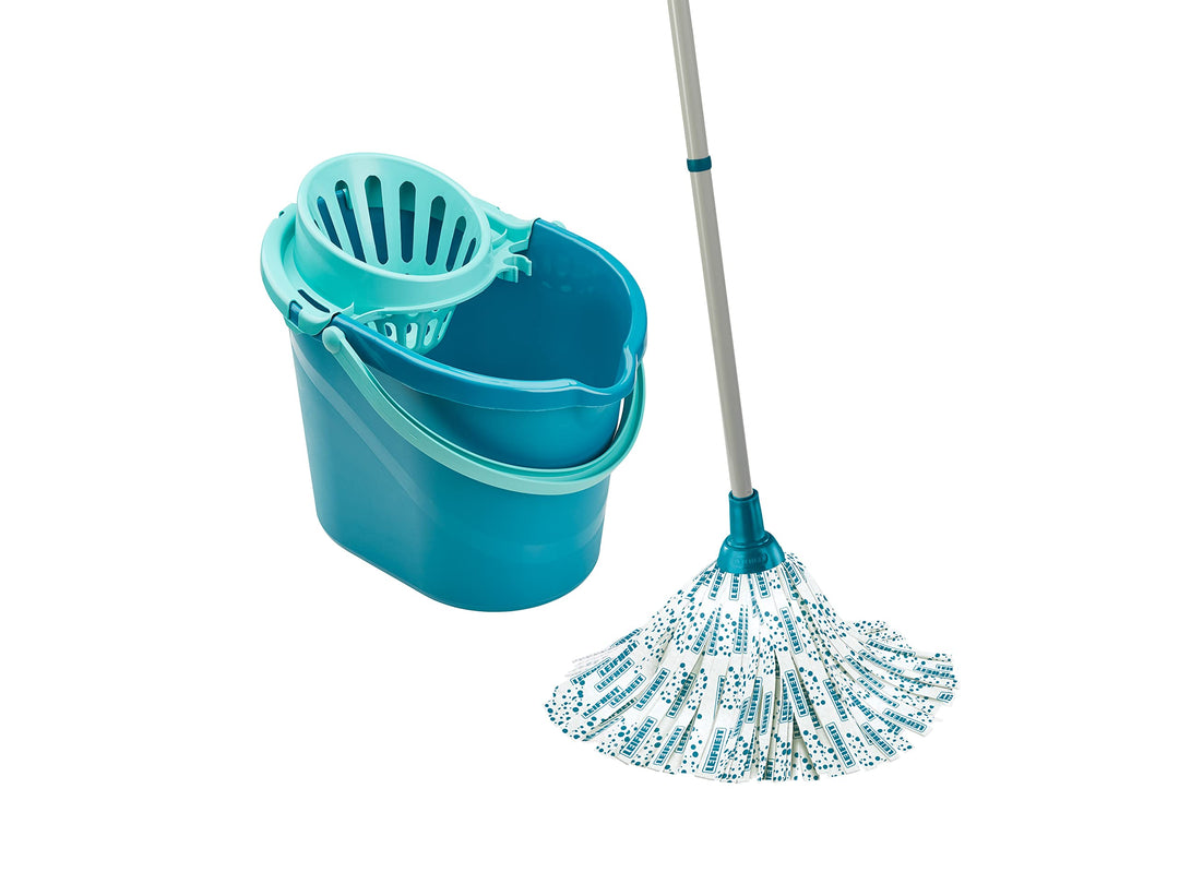 Leifheit Classic Mop and Bucket Set - 12L with Wringer, 120cm Steel Handle, Washable Viscose Mop Head